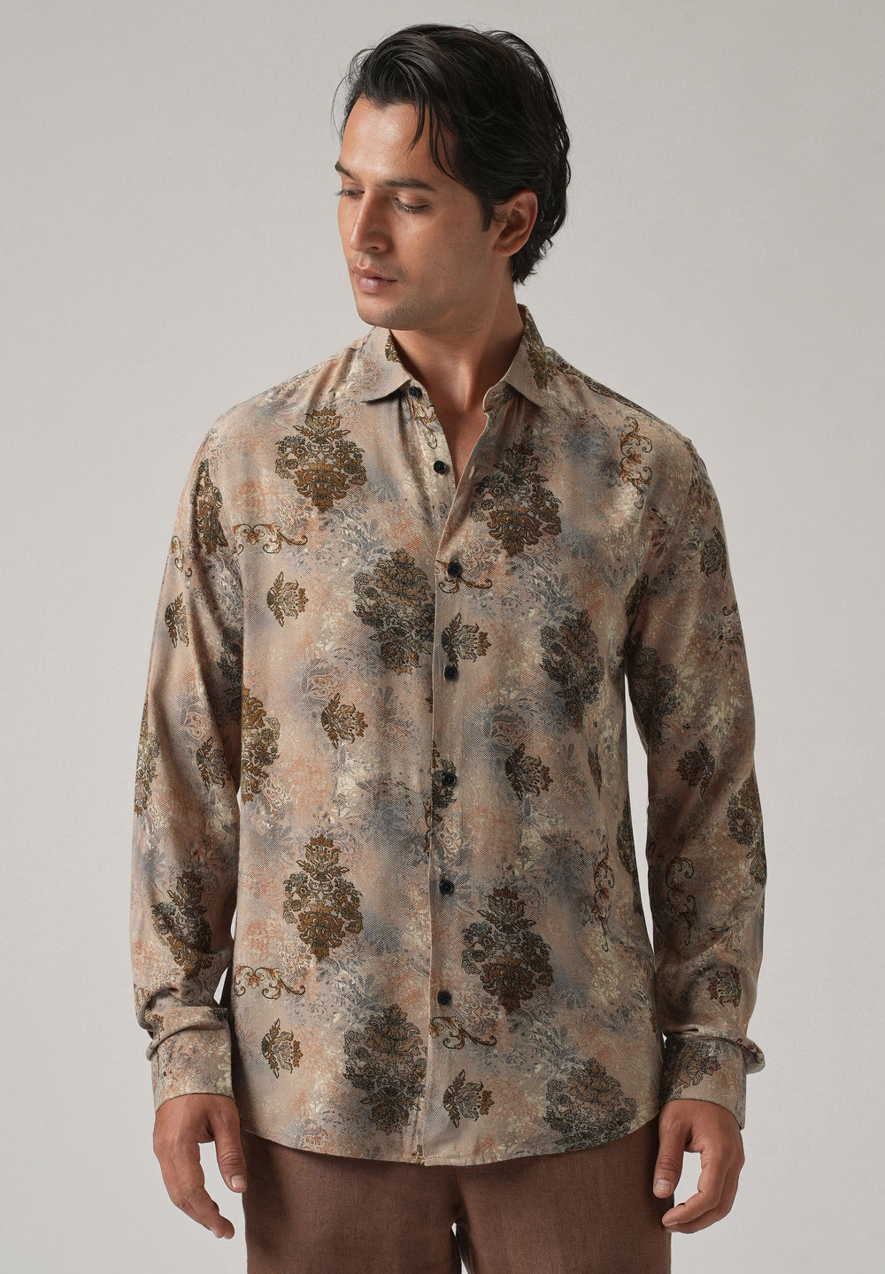 Taupe Floral Print Feather Shirt