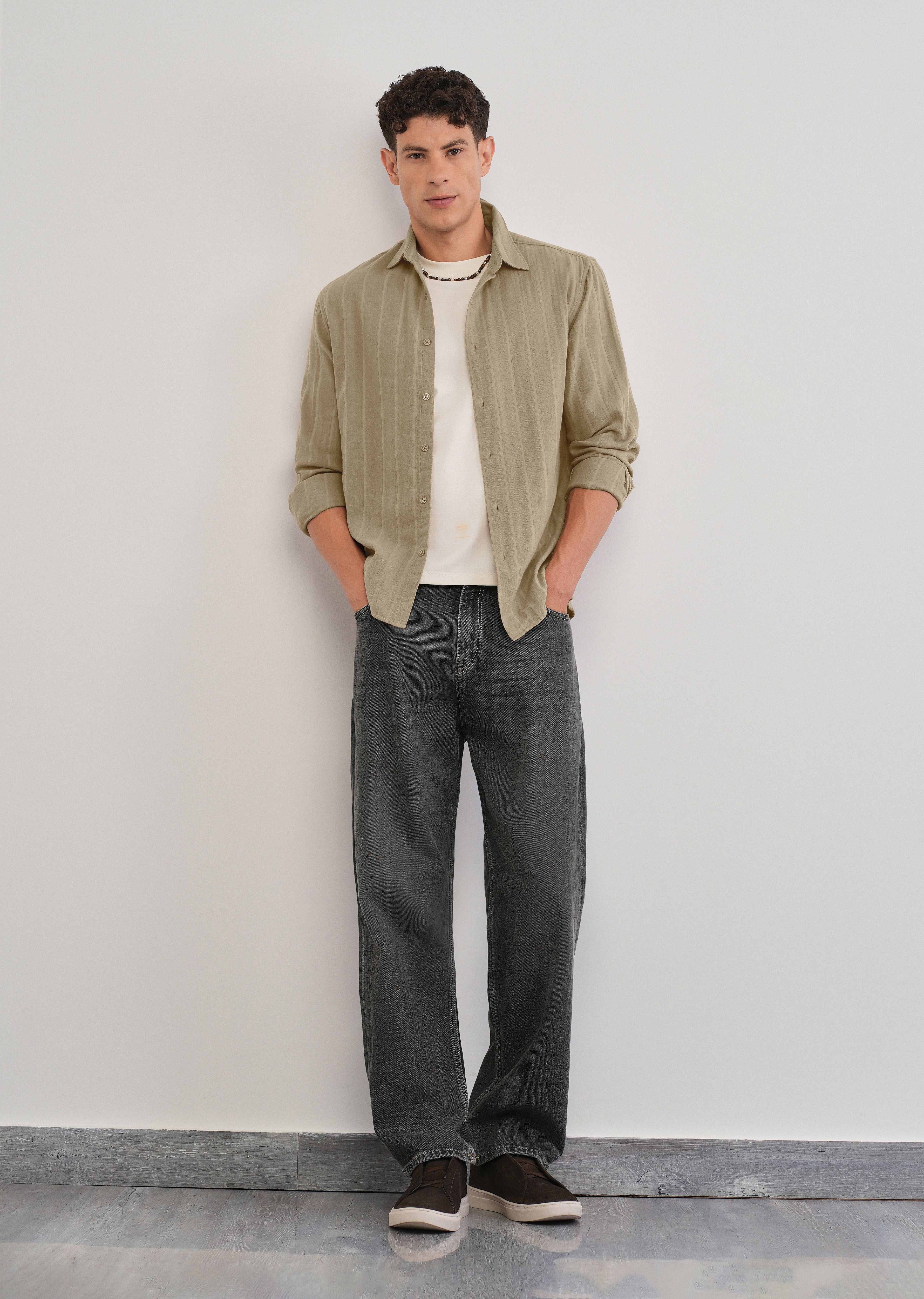 Taupe Self Striped Cotton Shirt