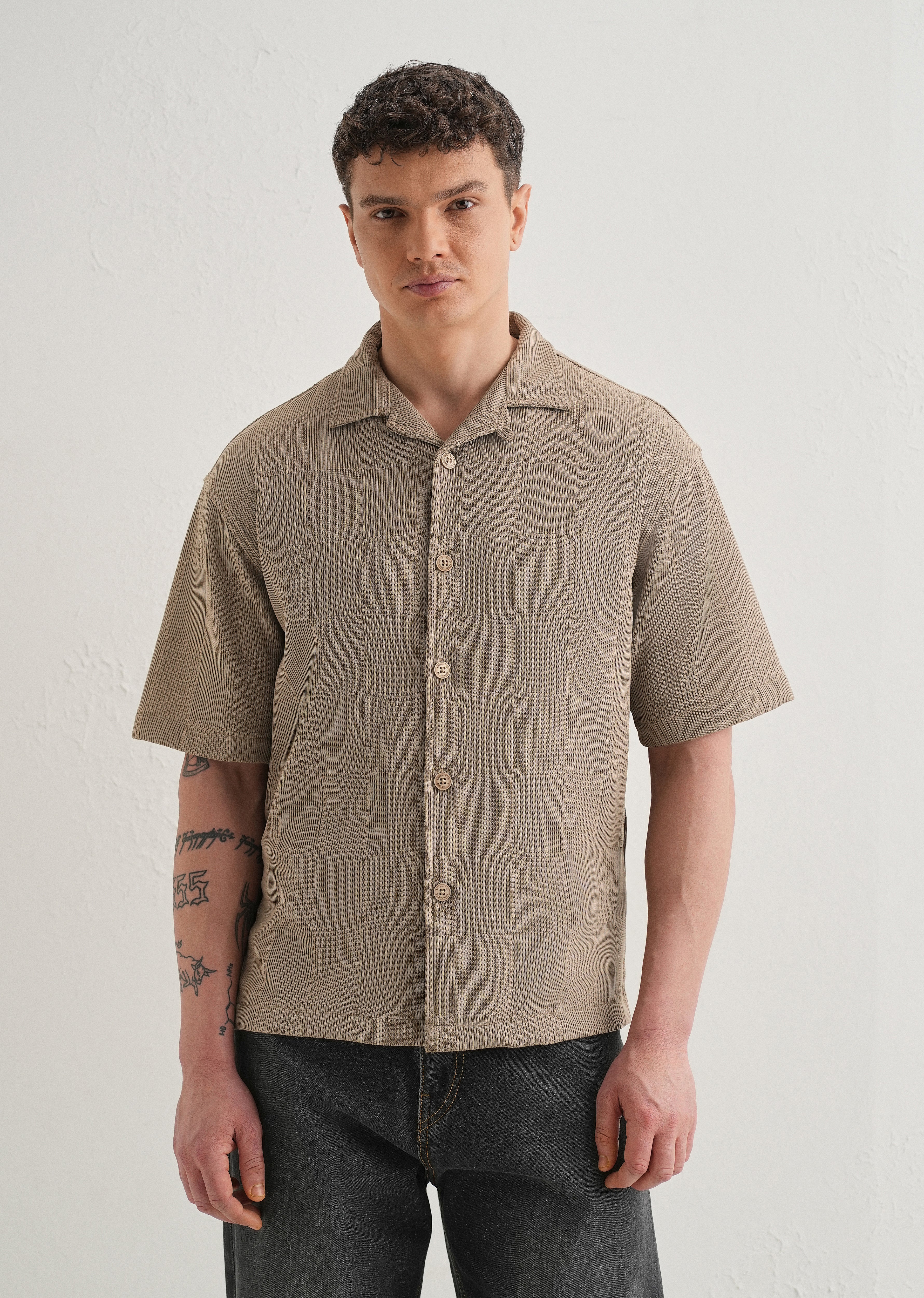 Taupe Textured Check Knit Shirt