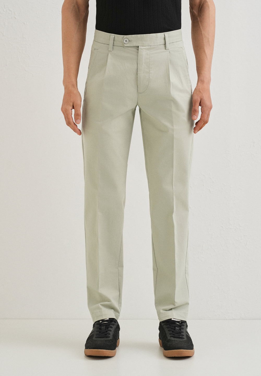 Tea Green Plain Pleated Chinos