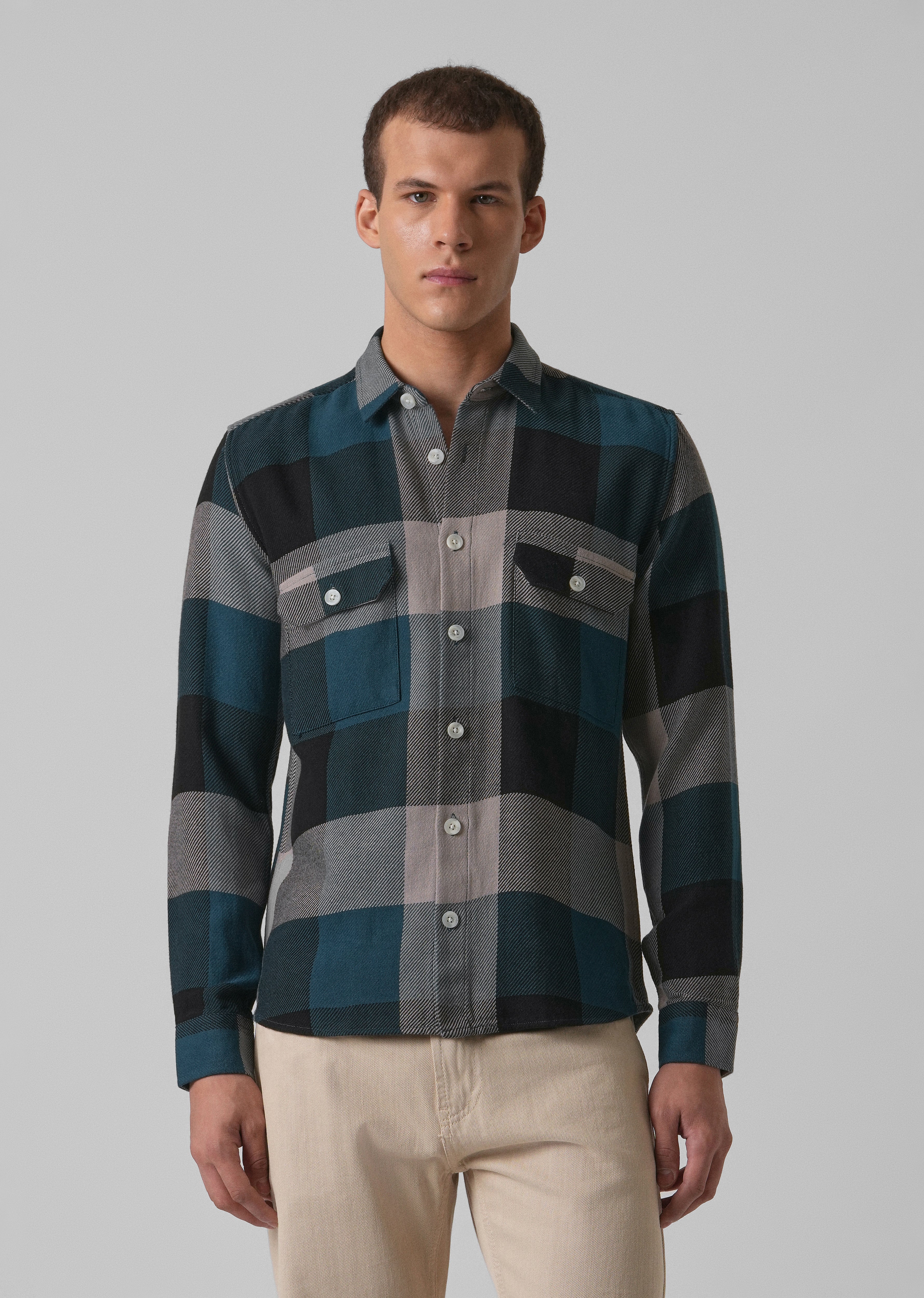 Teal Blue Brushed Cotton Check Shirt