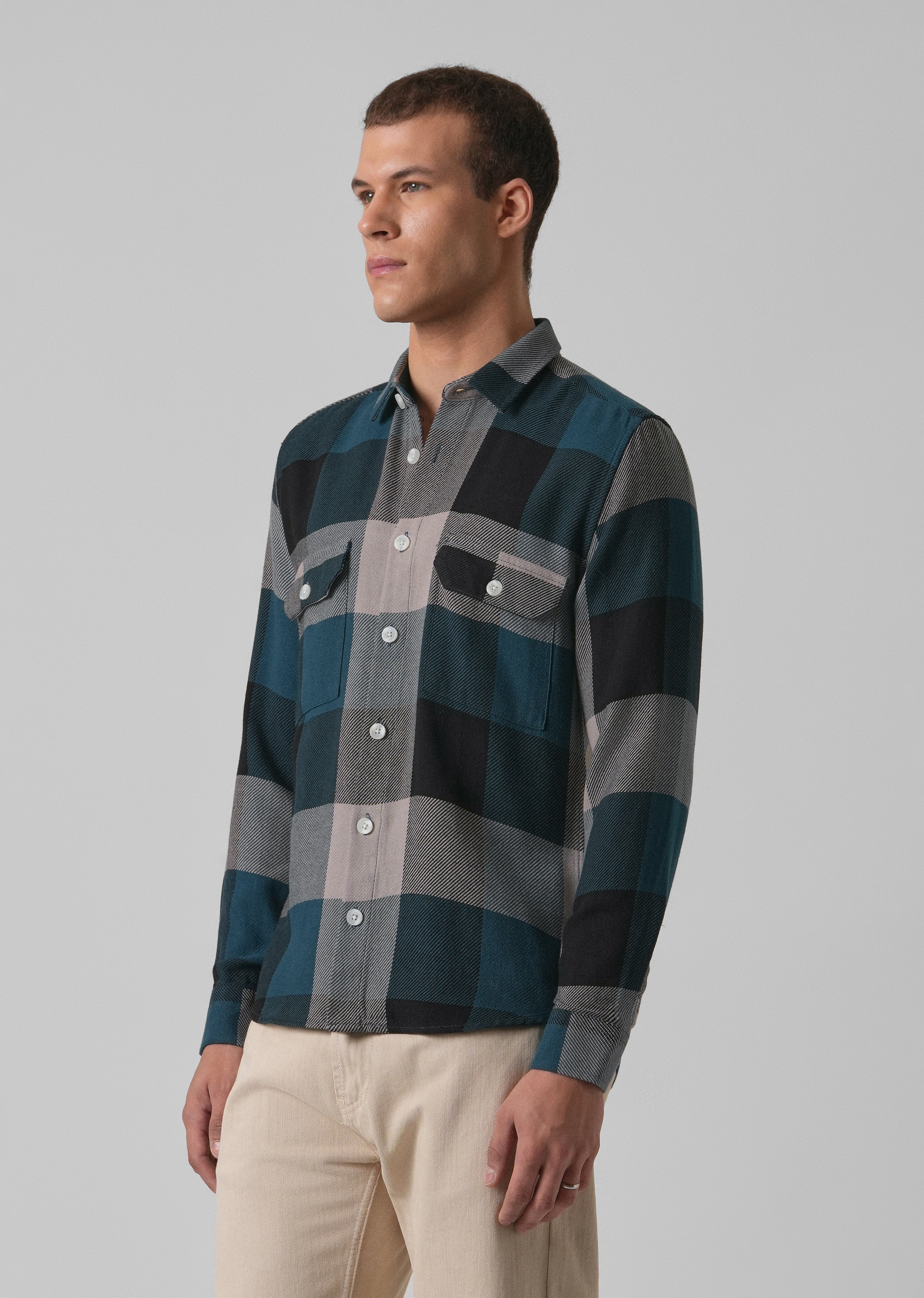 Teal Blue Brushed Cotton Check Shirt