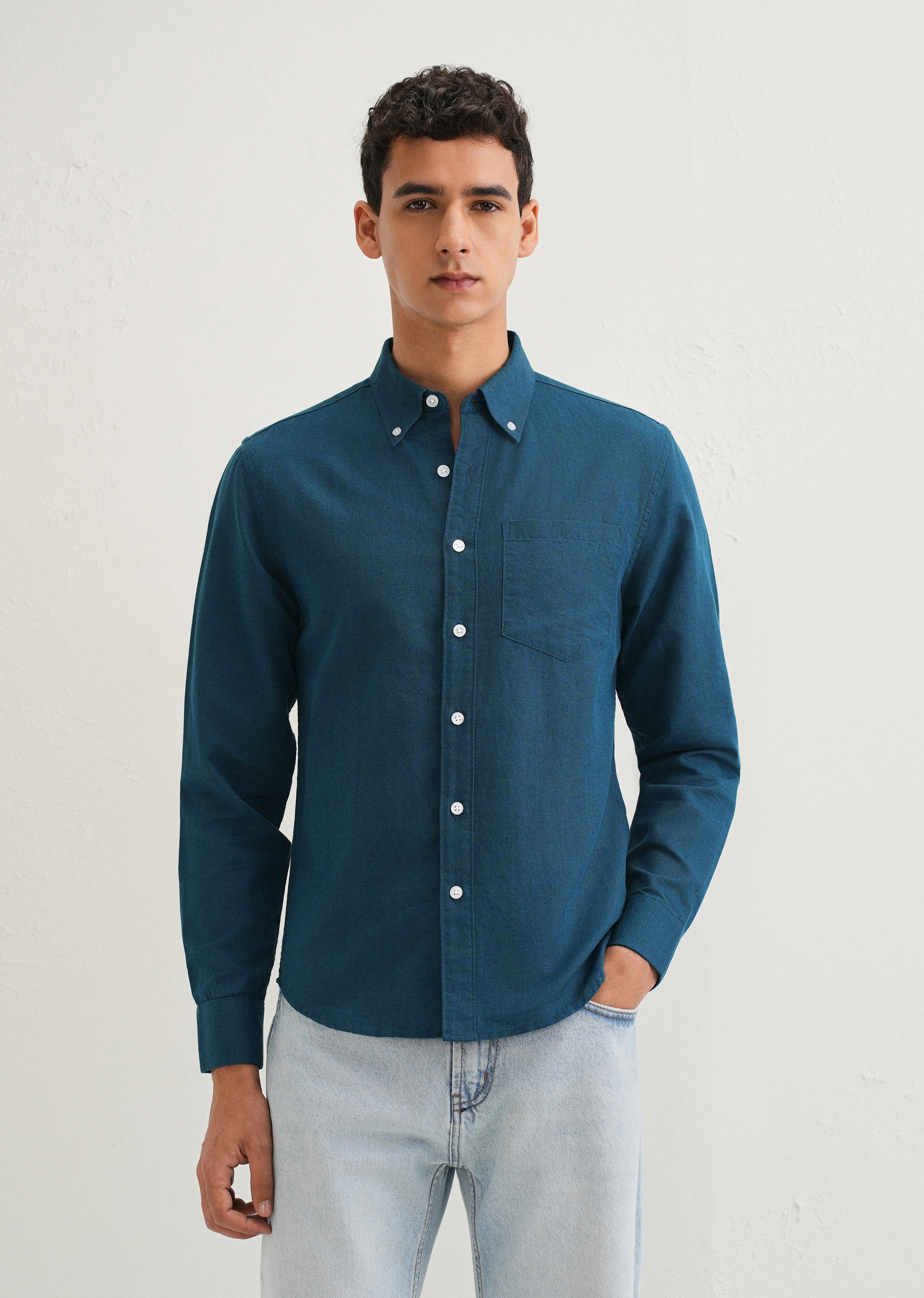Teal Blue Cotton Linen Shirt