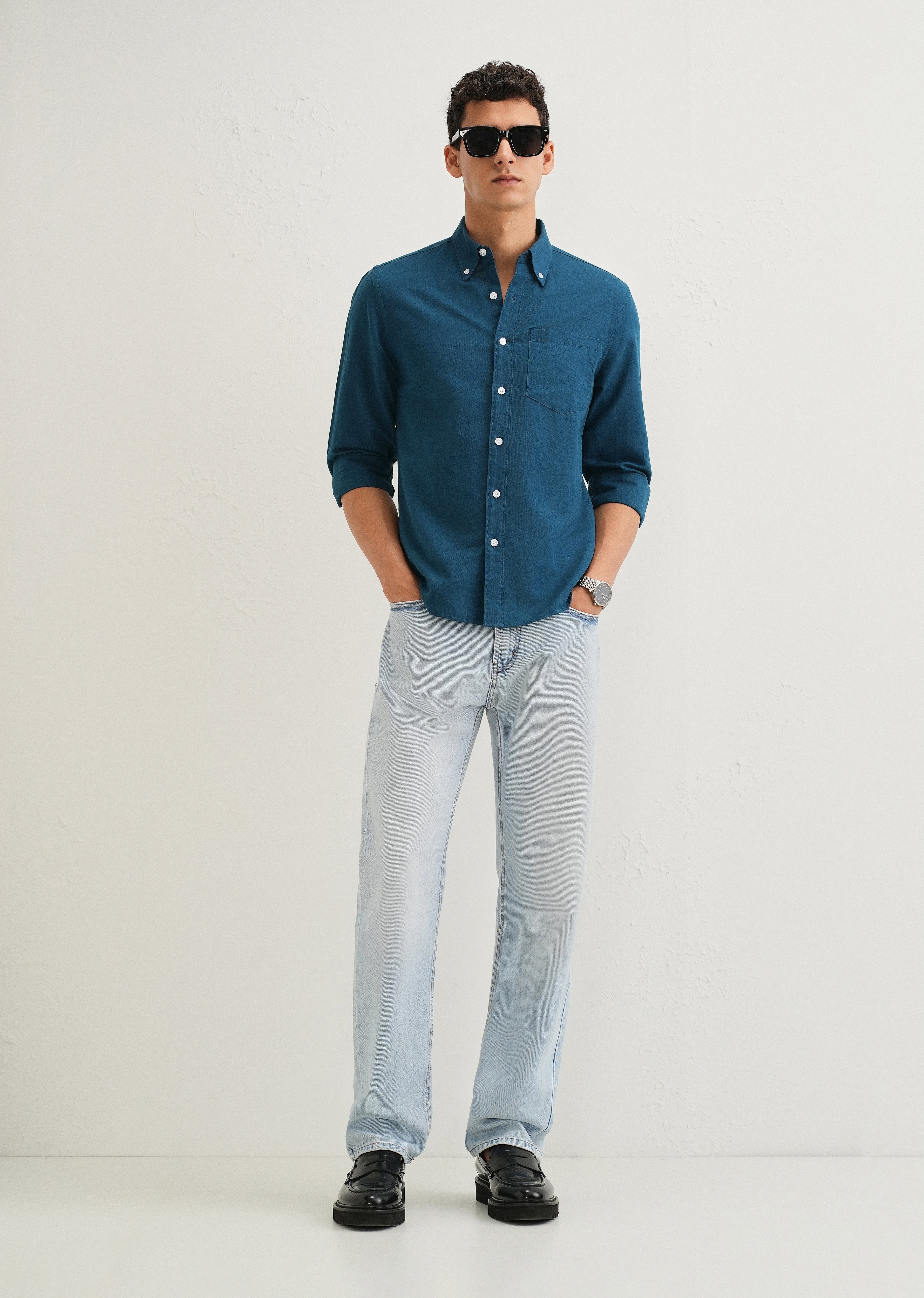 Teal Blue Cotton Linen Shirt