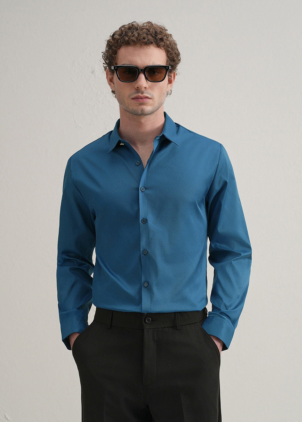 Teal Blue Plain Stitchless Placket Shirt
