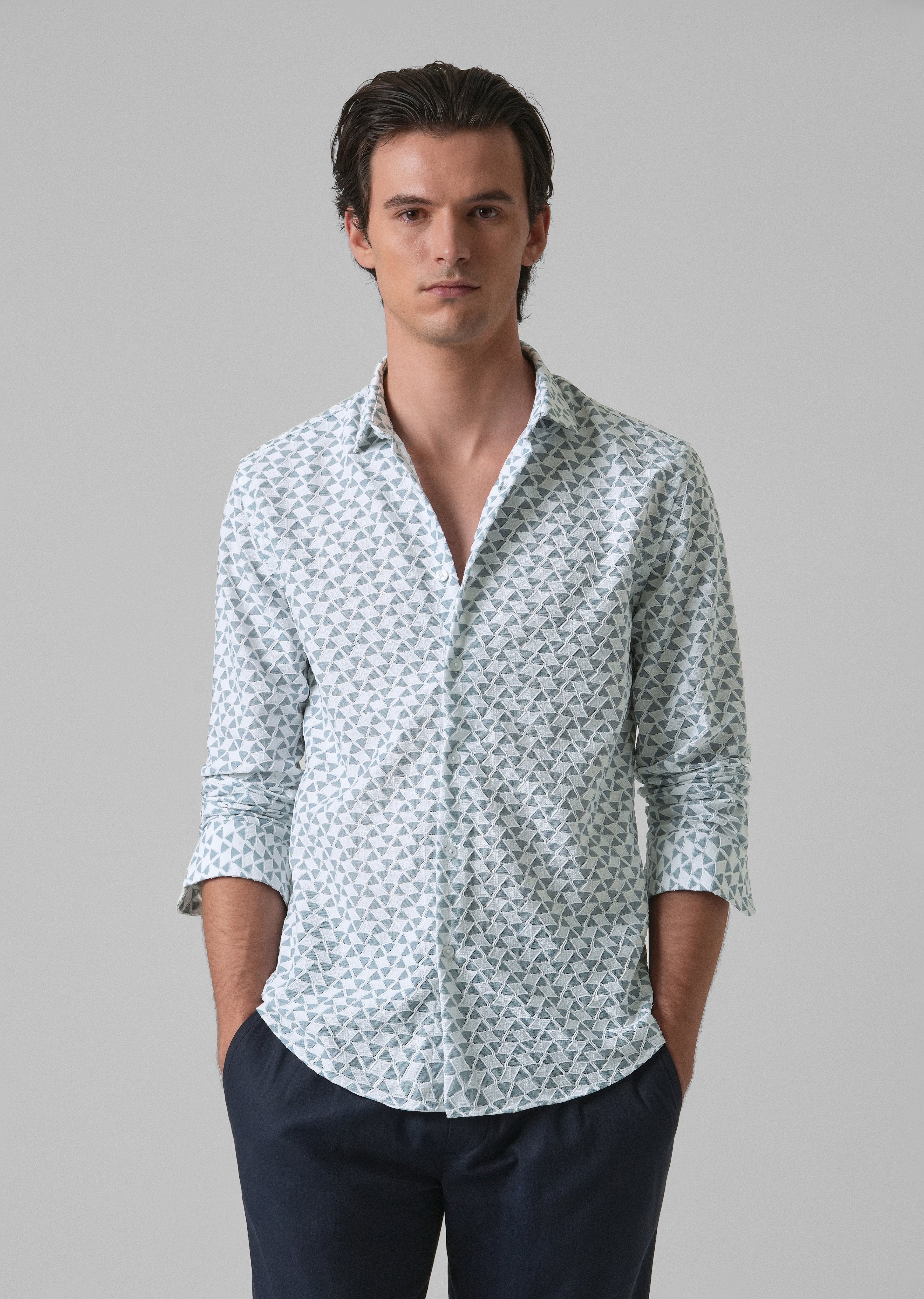Teal Blue Self Pattern Shirt