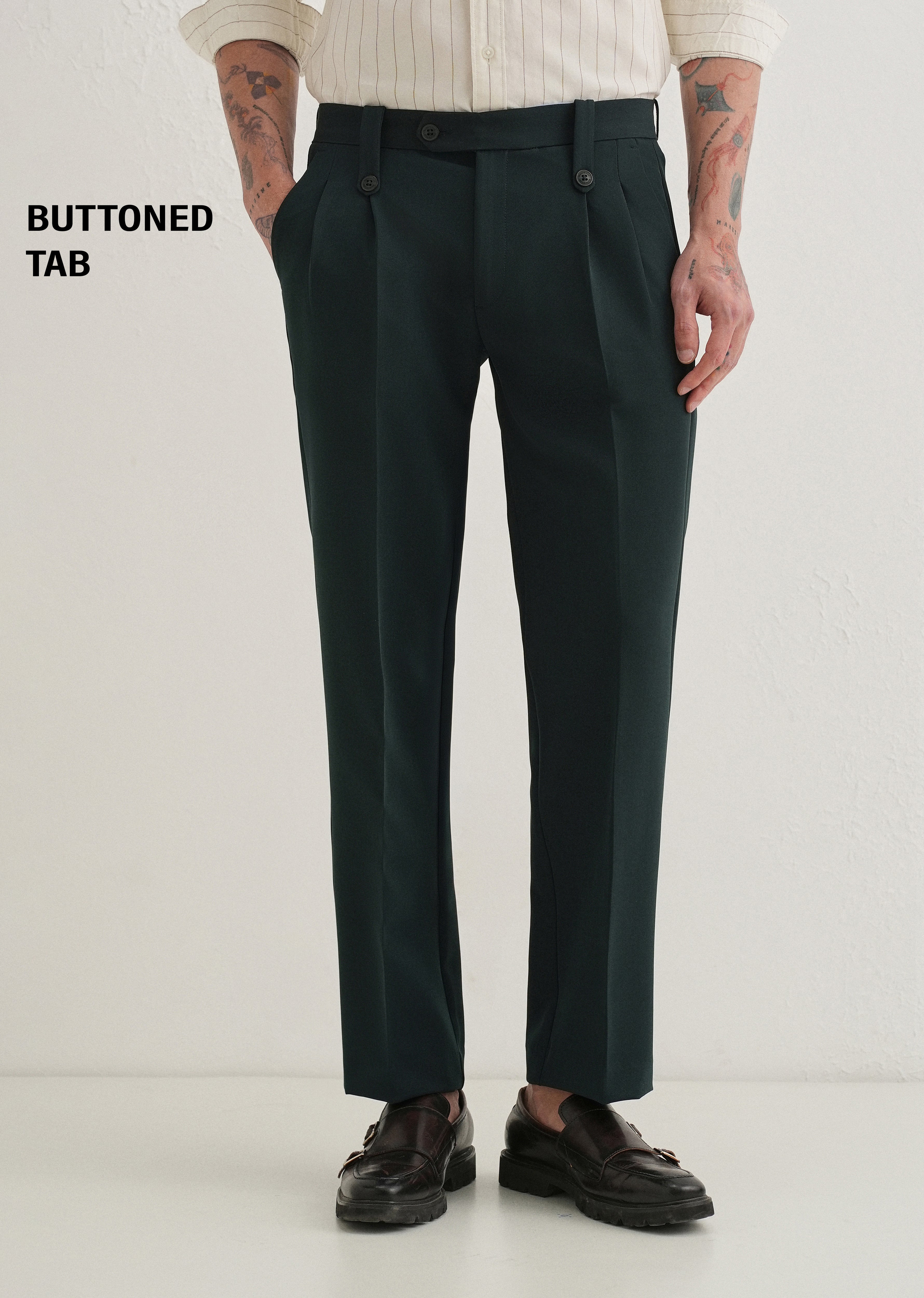 Teal Green Button-Tab Pleat Trouser