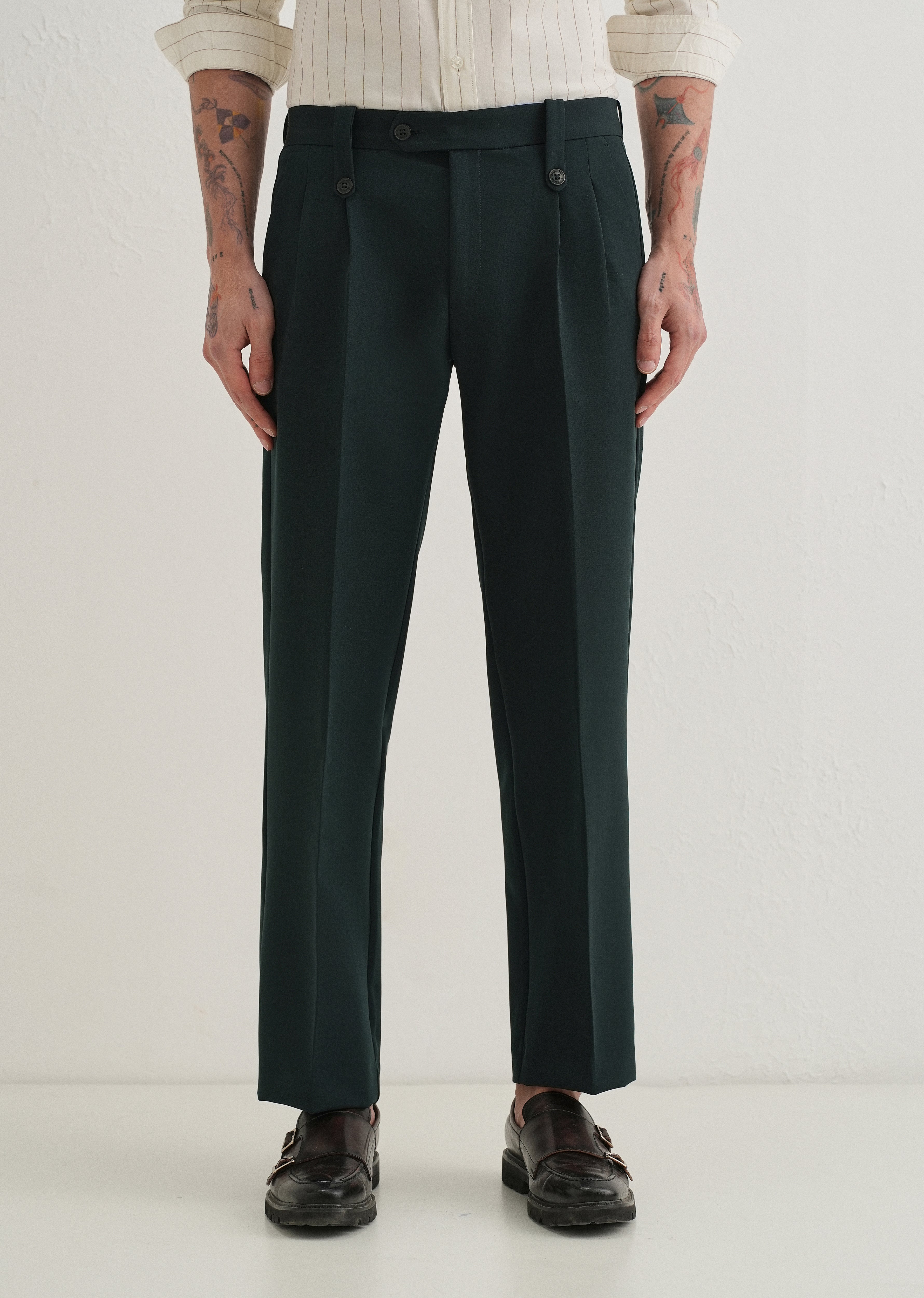 Teal Green Button-Tab Pleat Trouser