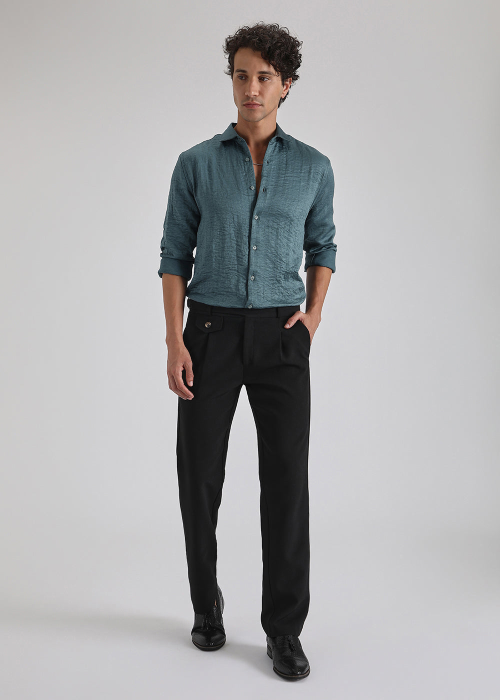 Teal Green Crushed Satin Shirt