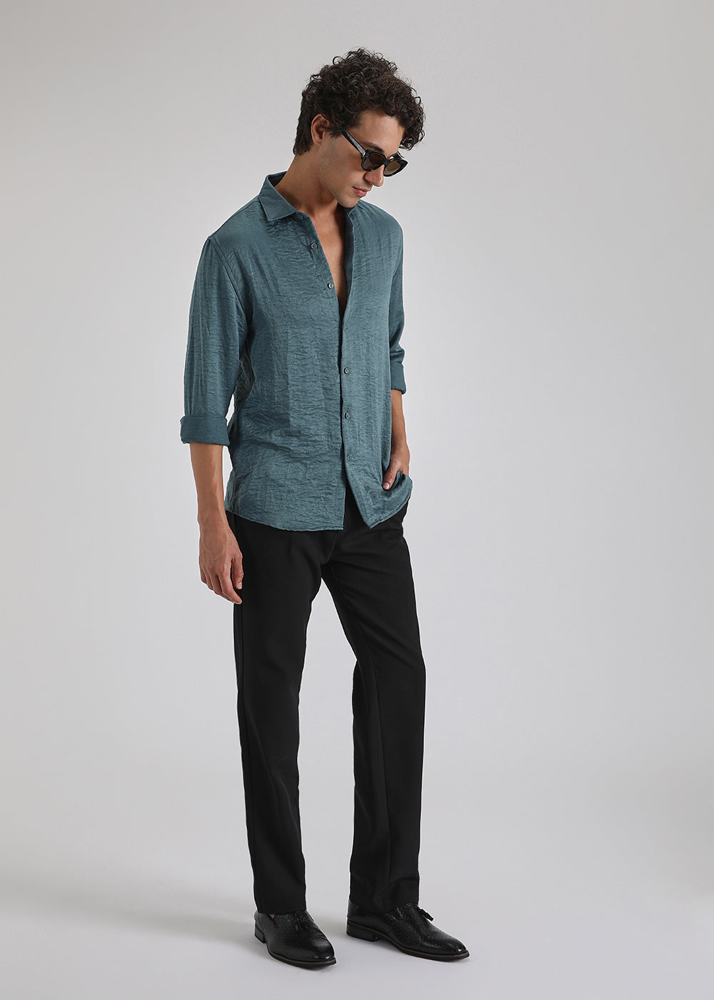Teal Green Crushed Satin Shirt