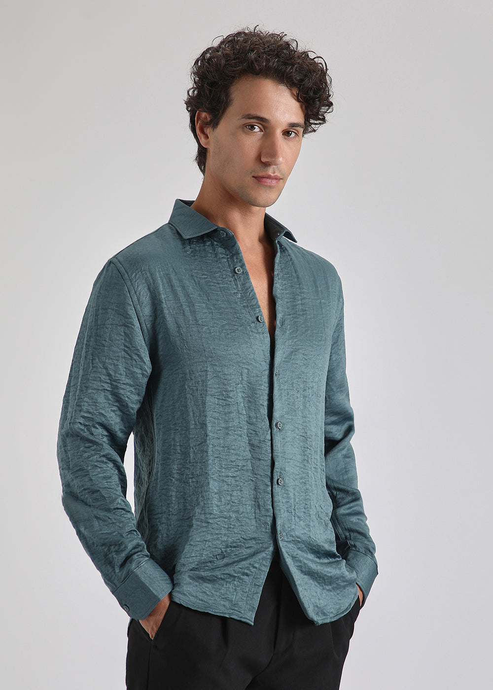 Teal Green Crushed Satin Shirt