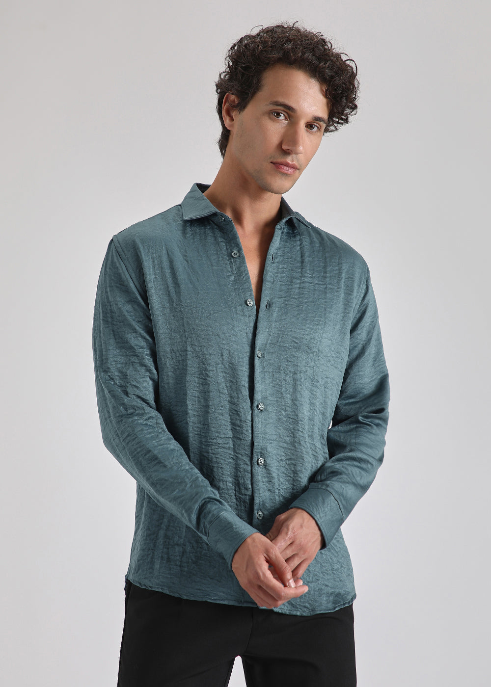 Teal Green Crushed Satin Shirt