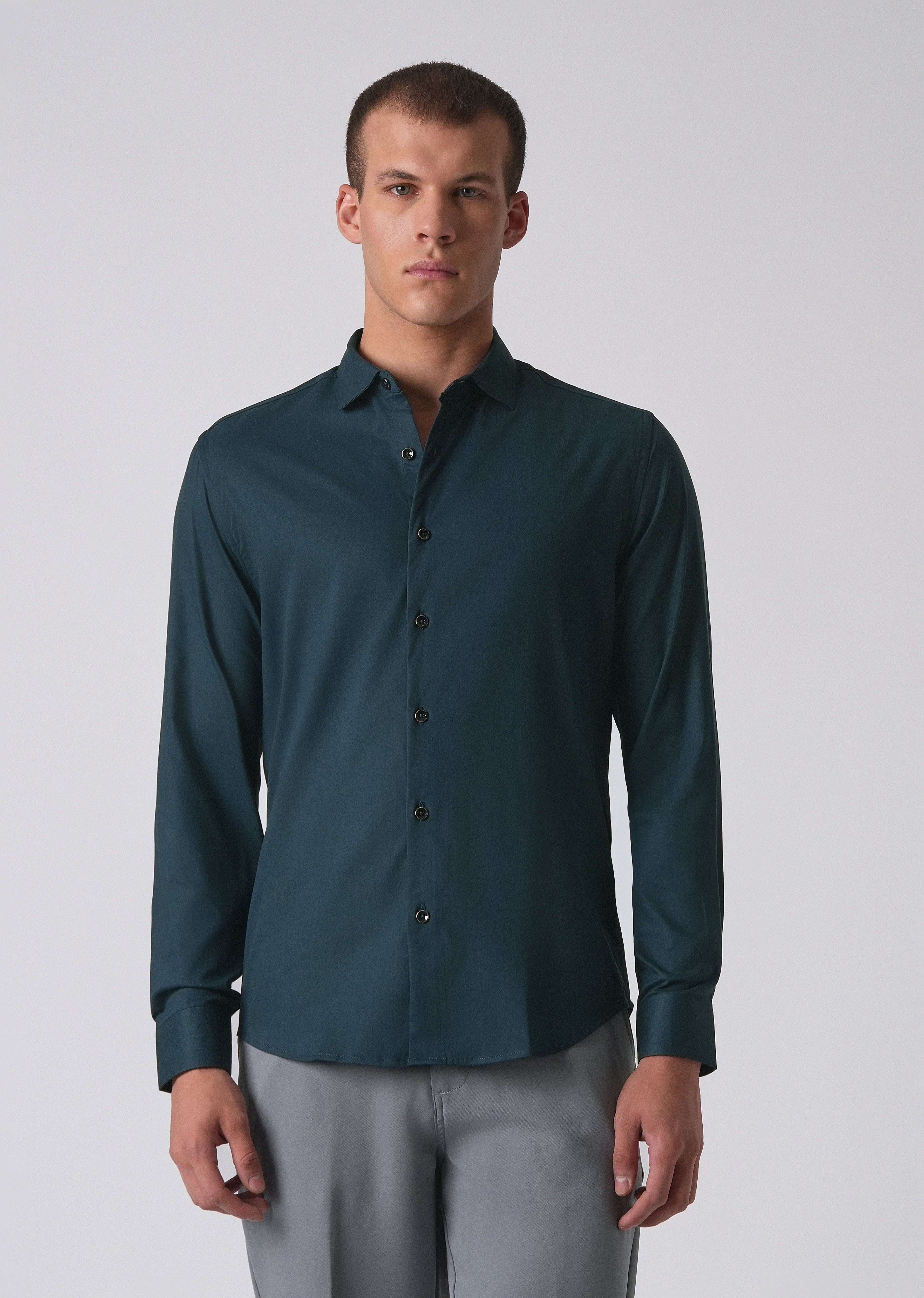 Teal Green Cotton Stretch Plain Shirt