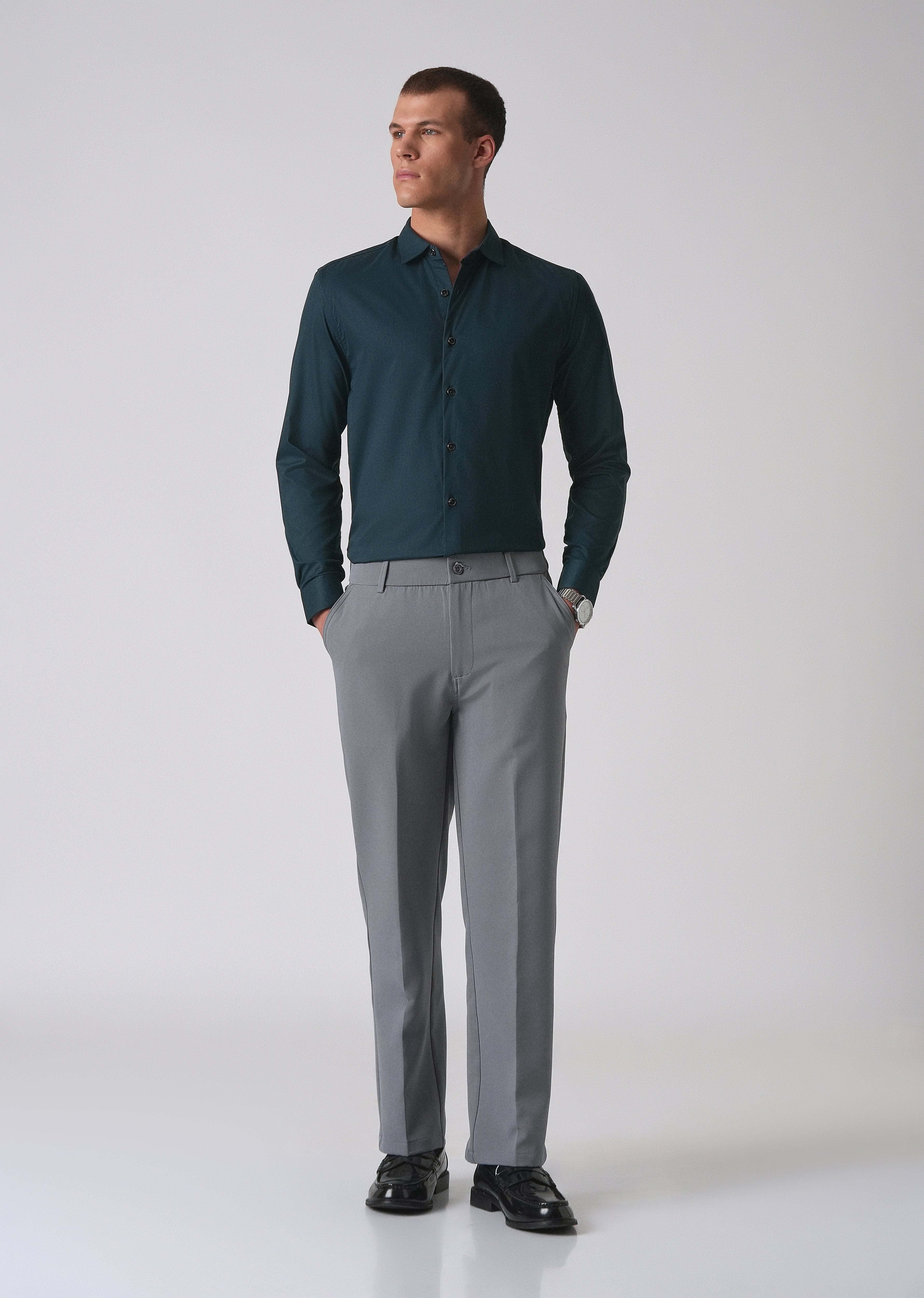 Teal Green Cotton Stretch Plain Shirt