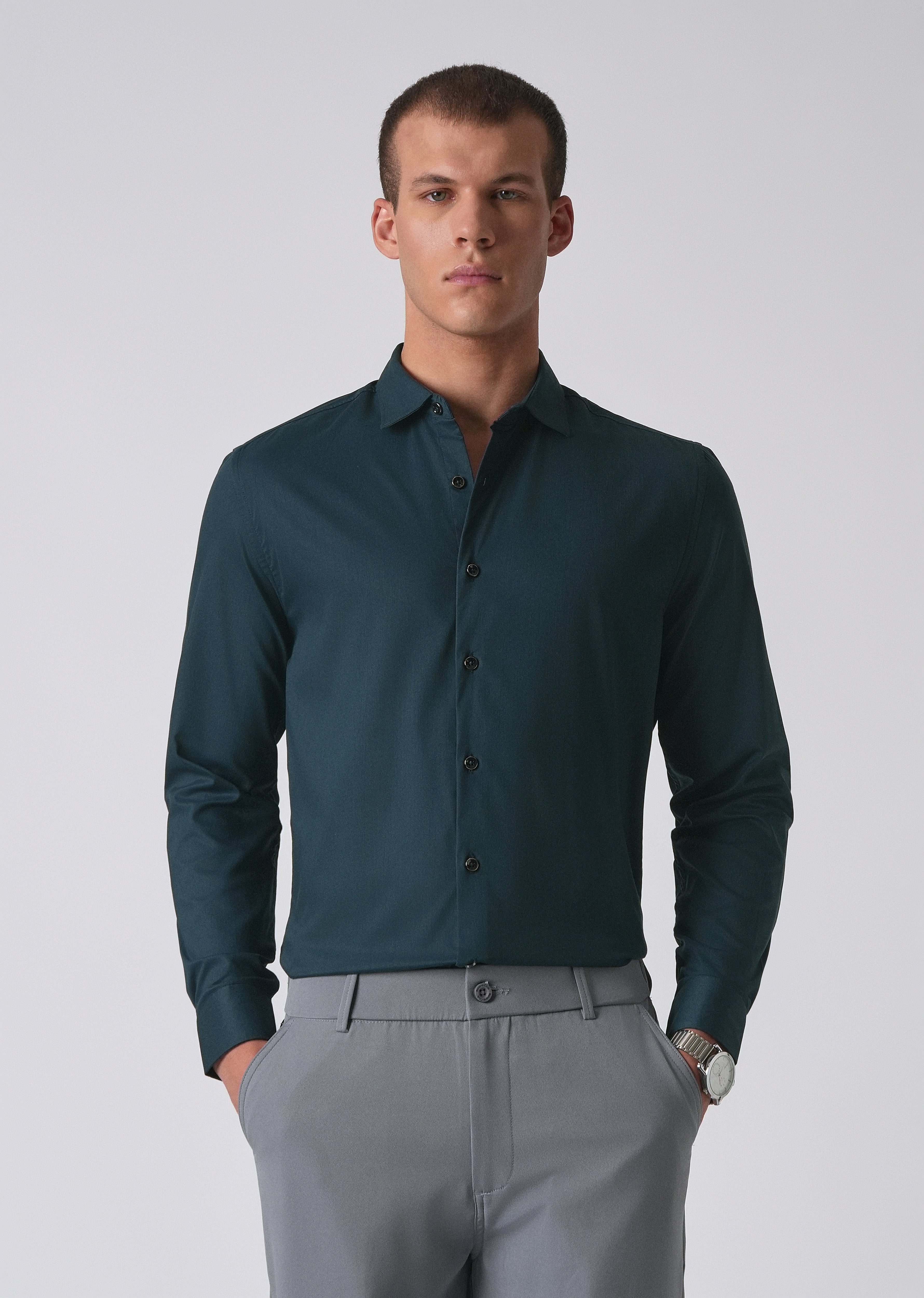 Teal Green Cotton Stretch Plain Shirt