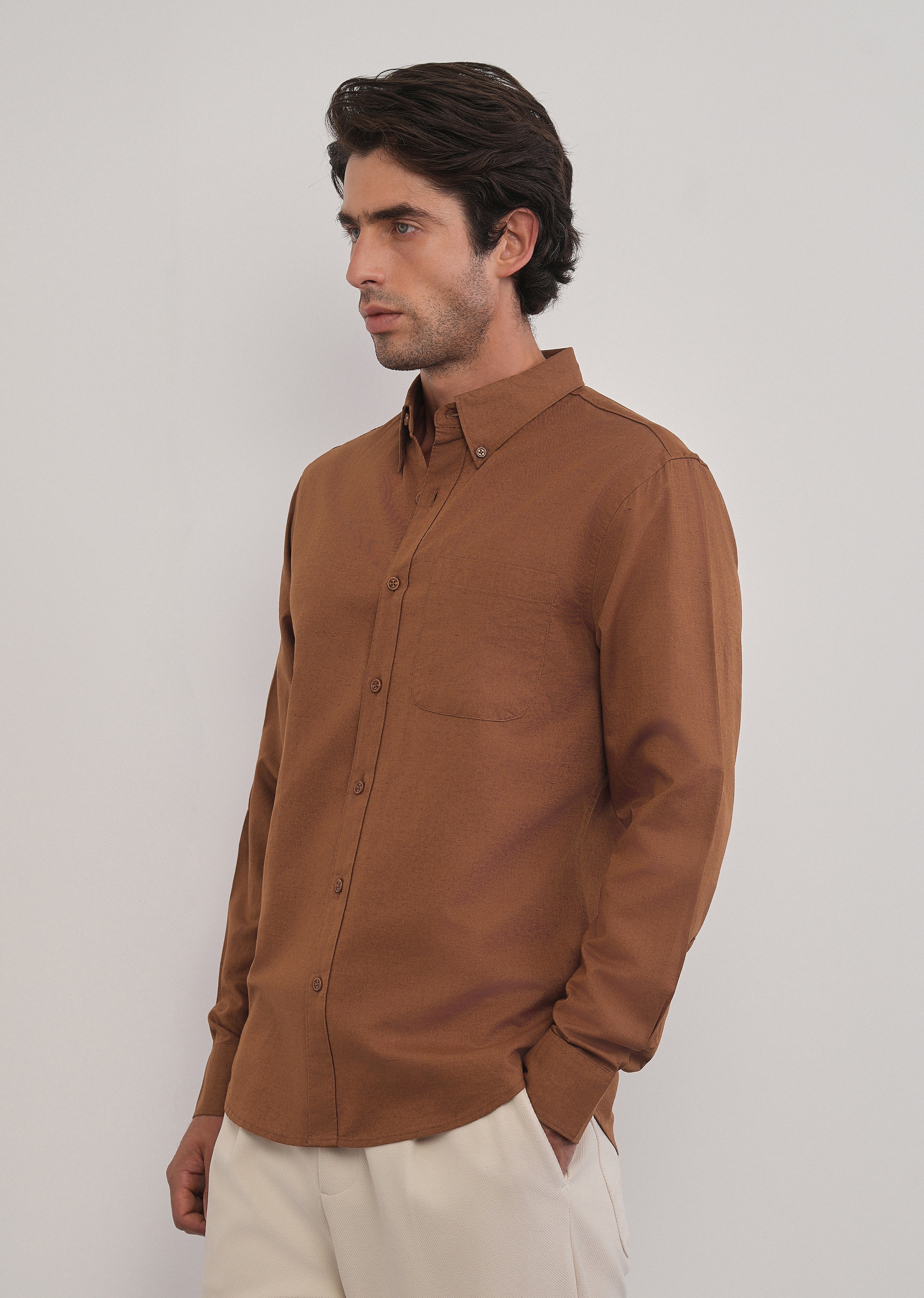 Terracotta Brown Cotton Linen Plain Shirt