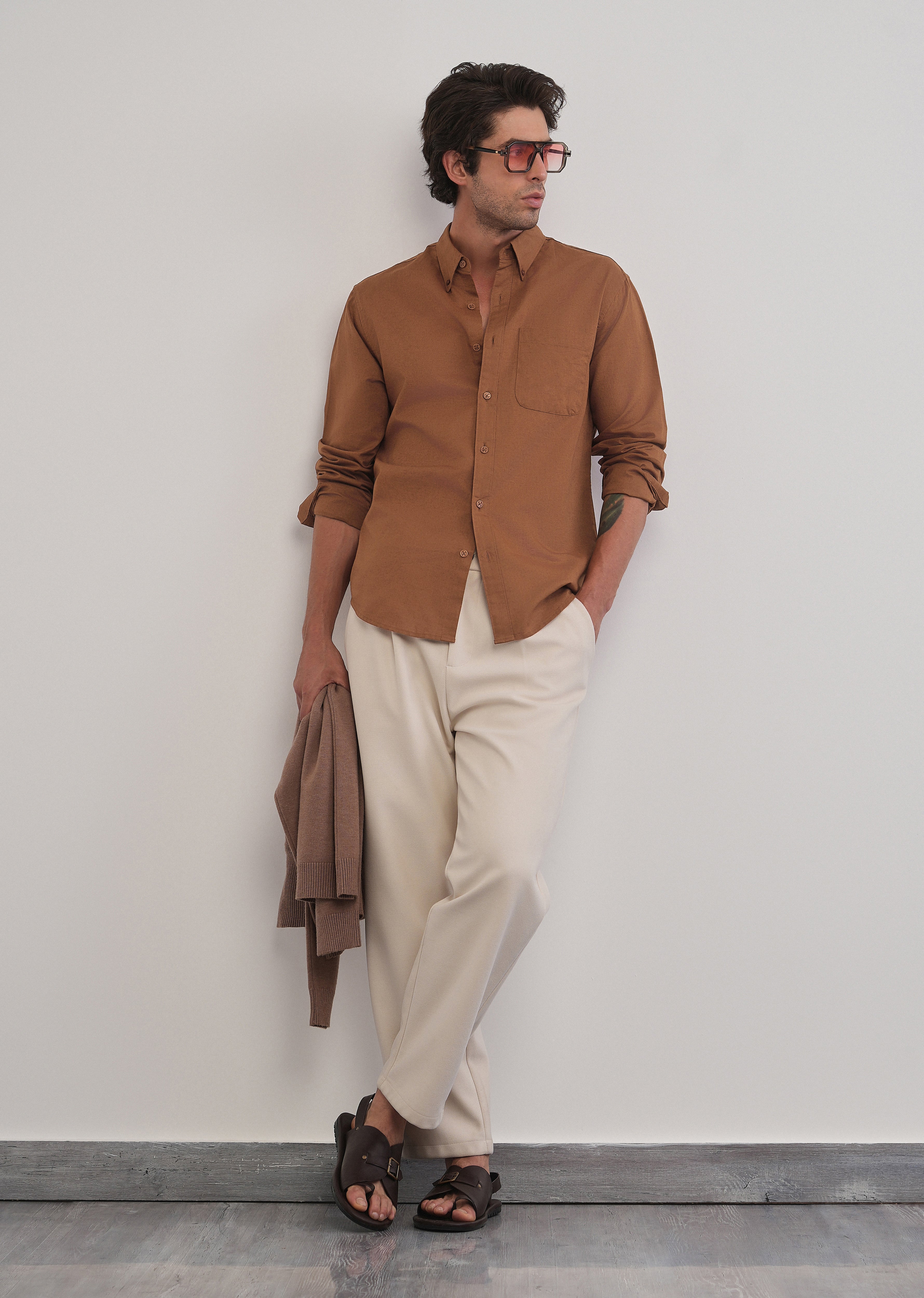 Terracotta Brown Cotton Linen Plain Shirt