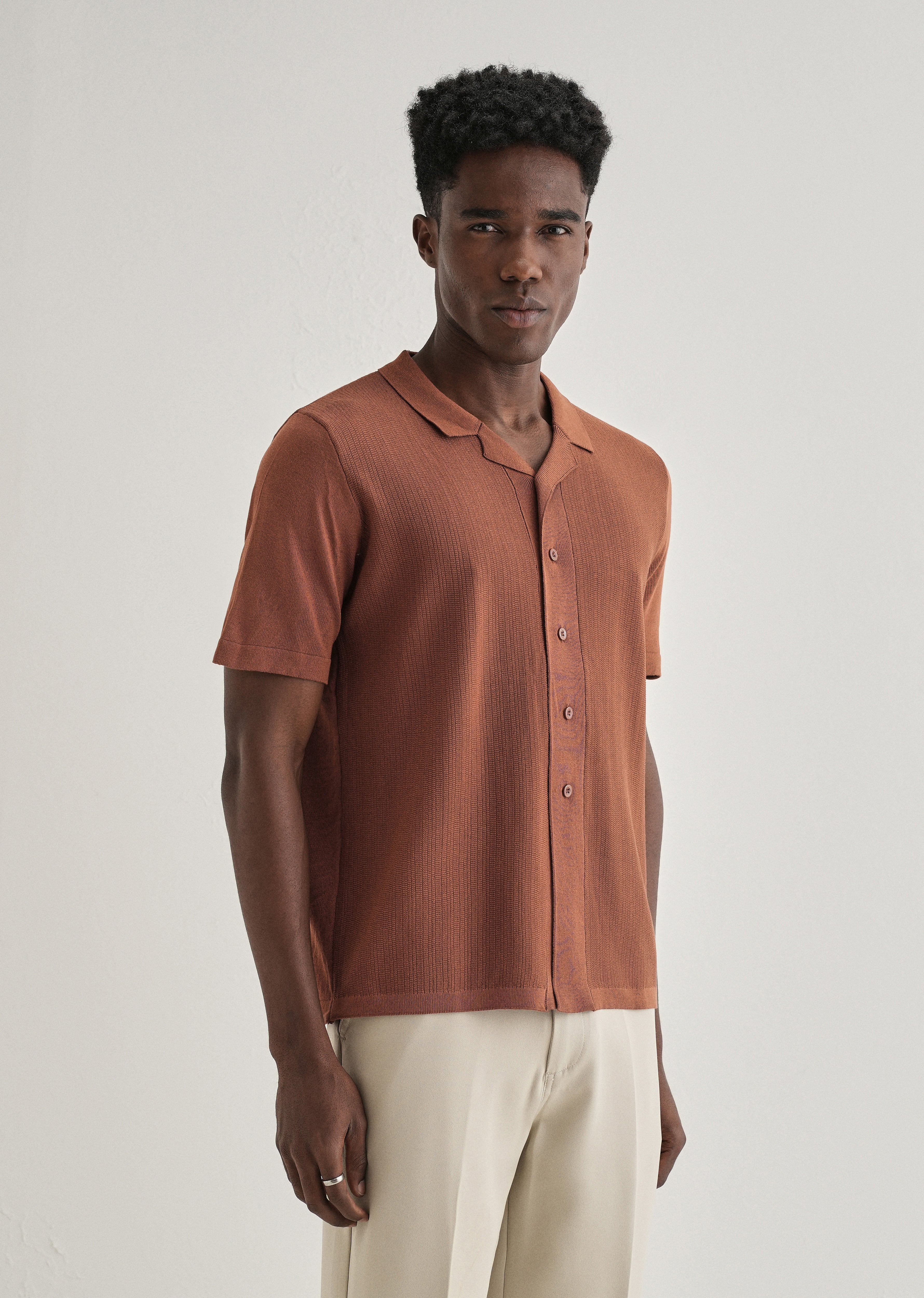 Terracotta Cuban Collar Knitted Shirt