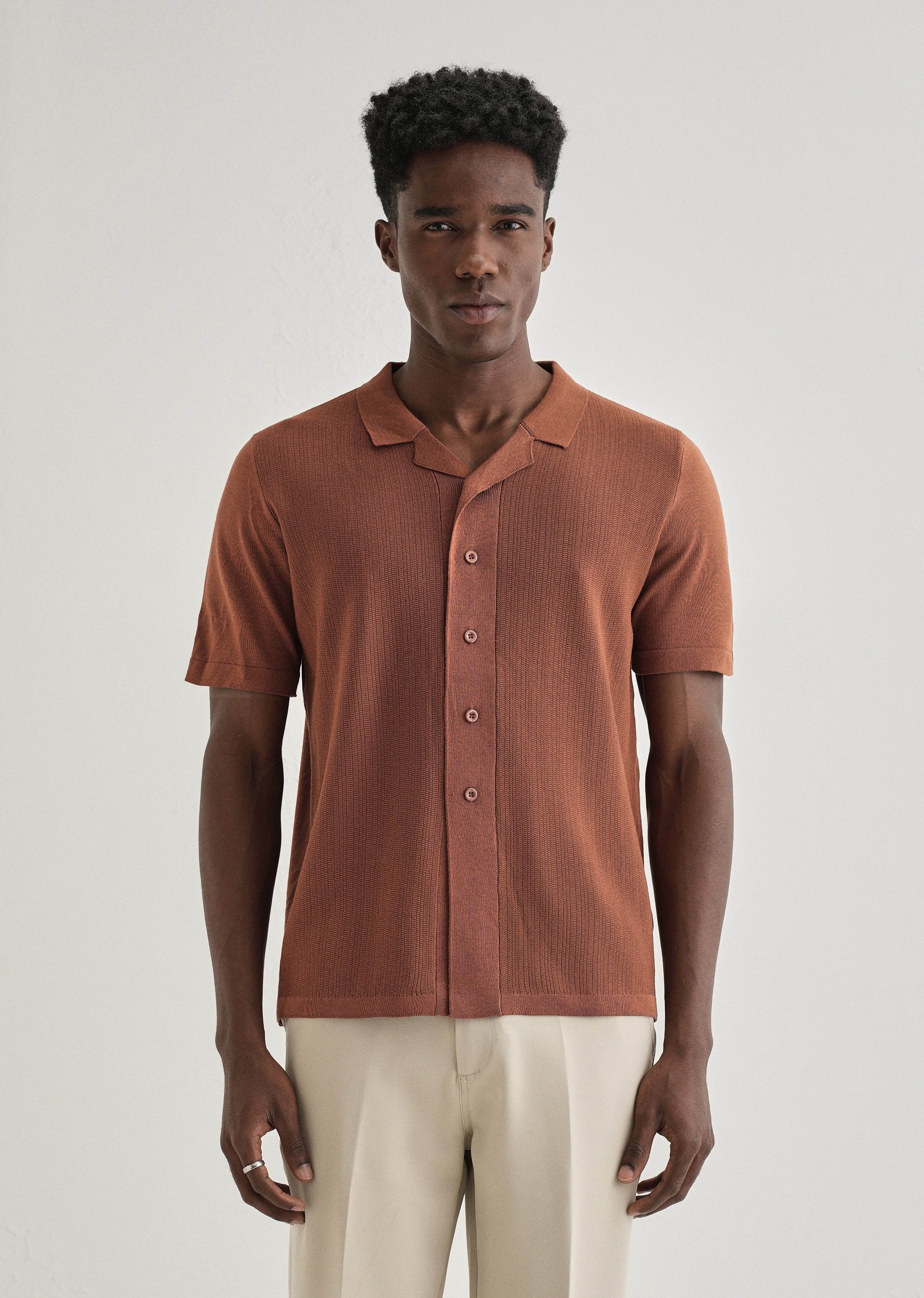 Terracotta Cuban Collar Knitted Shirt