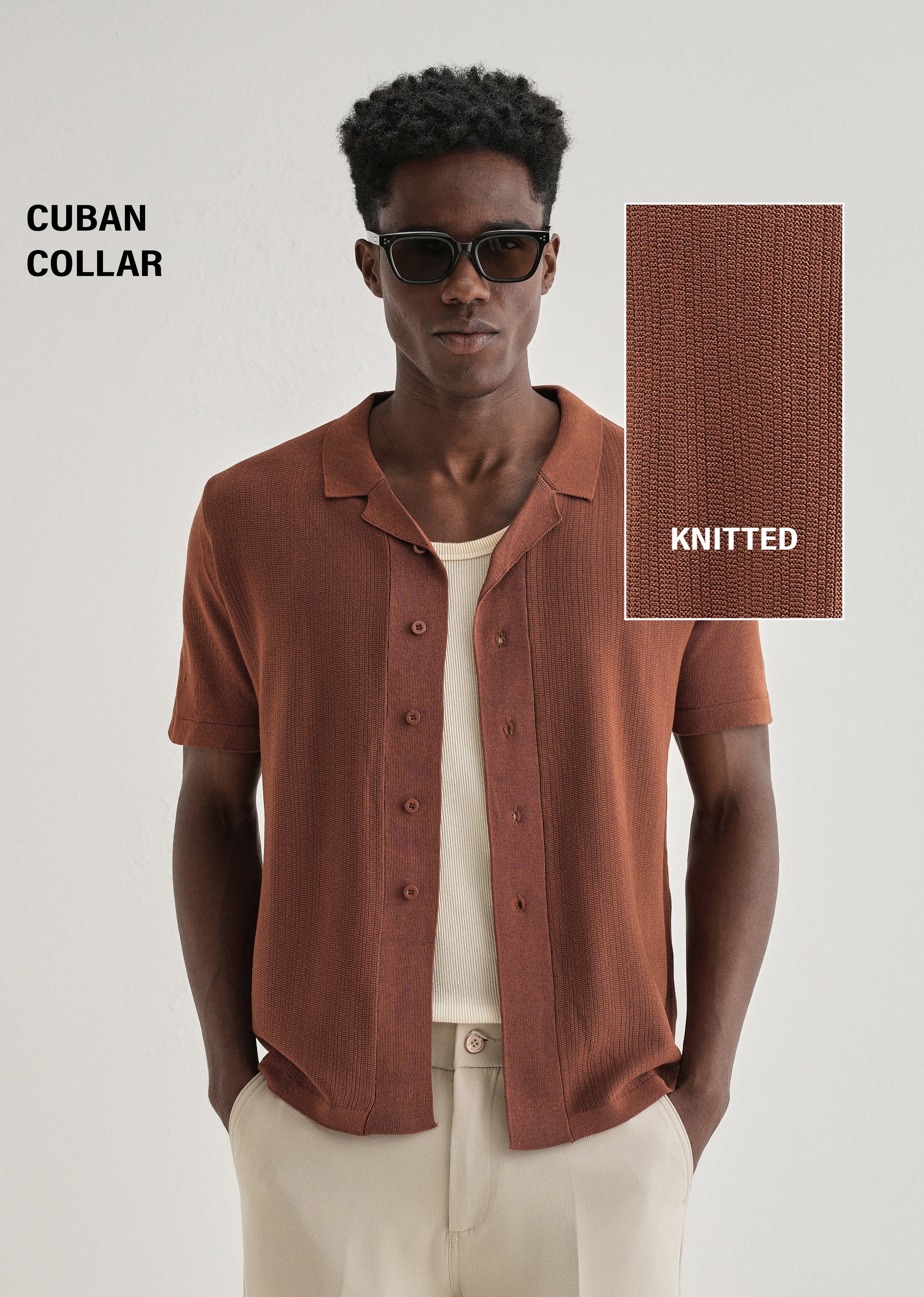 Terracotta Cuban Collar Knitted Shirt