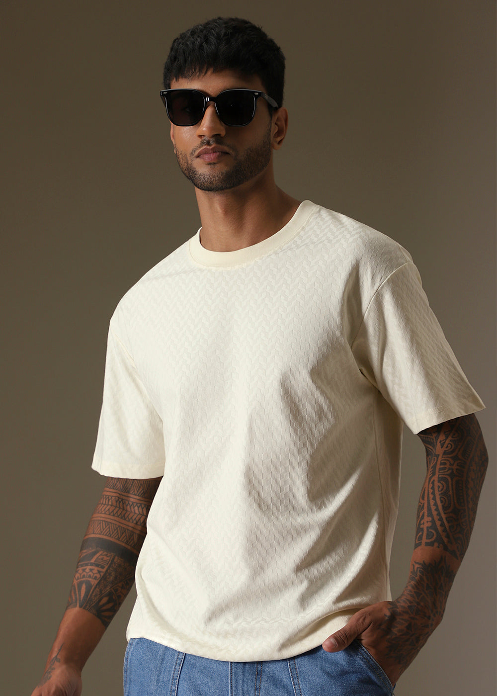 Textured Off White Plain Oversized T-shirt - Main Image