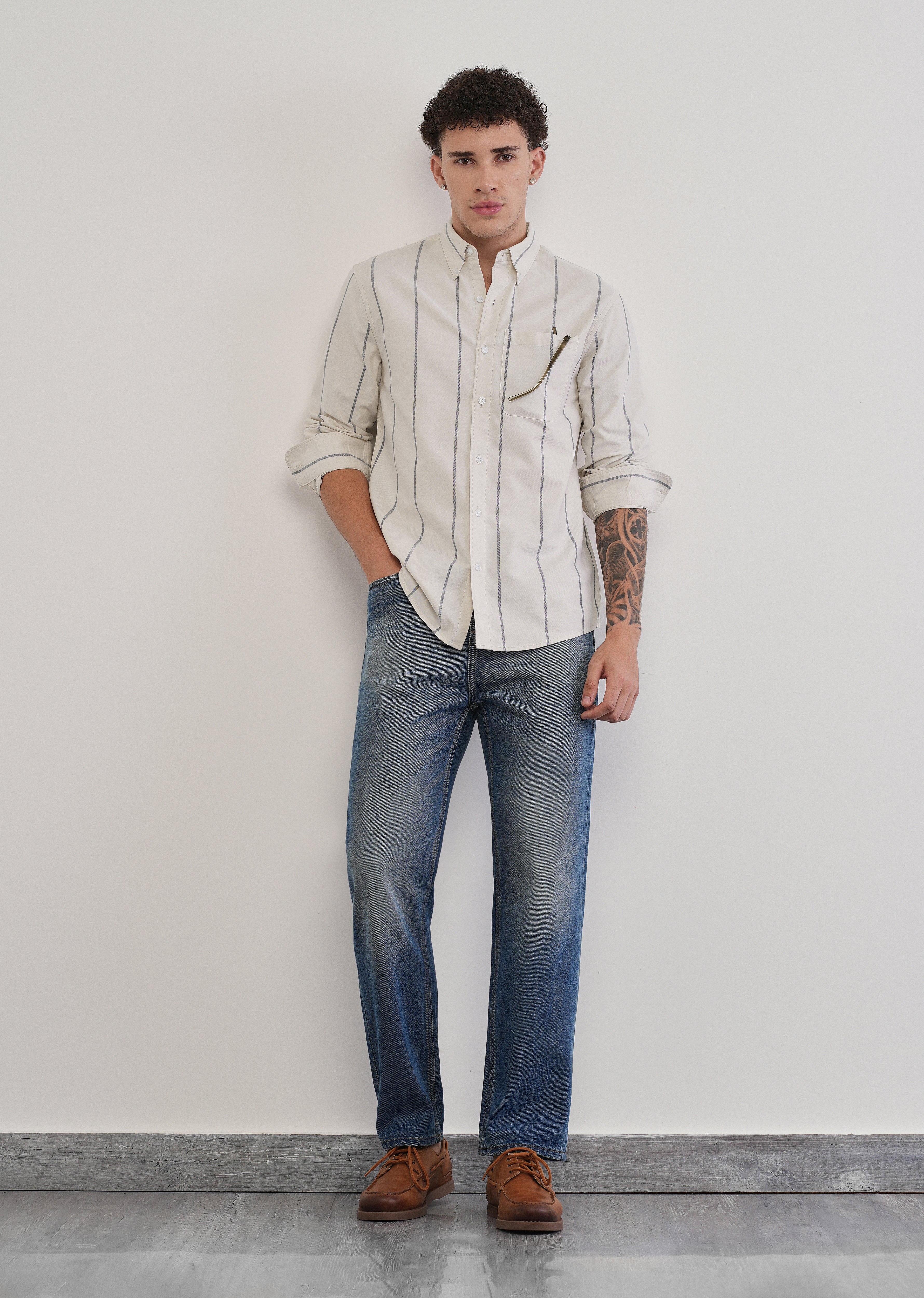 Vertical Stripe Ivory Cotton Shirt