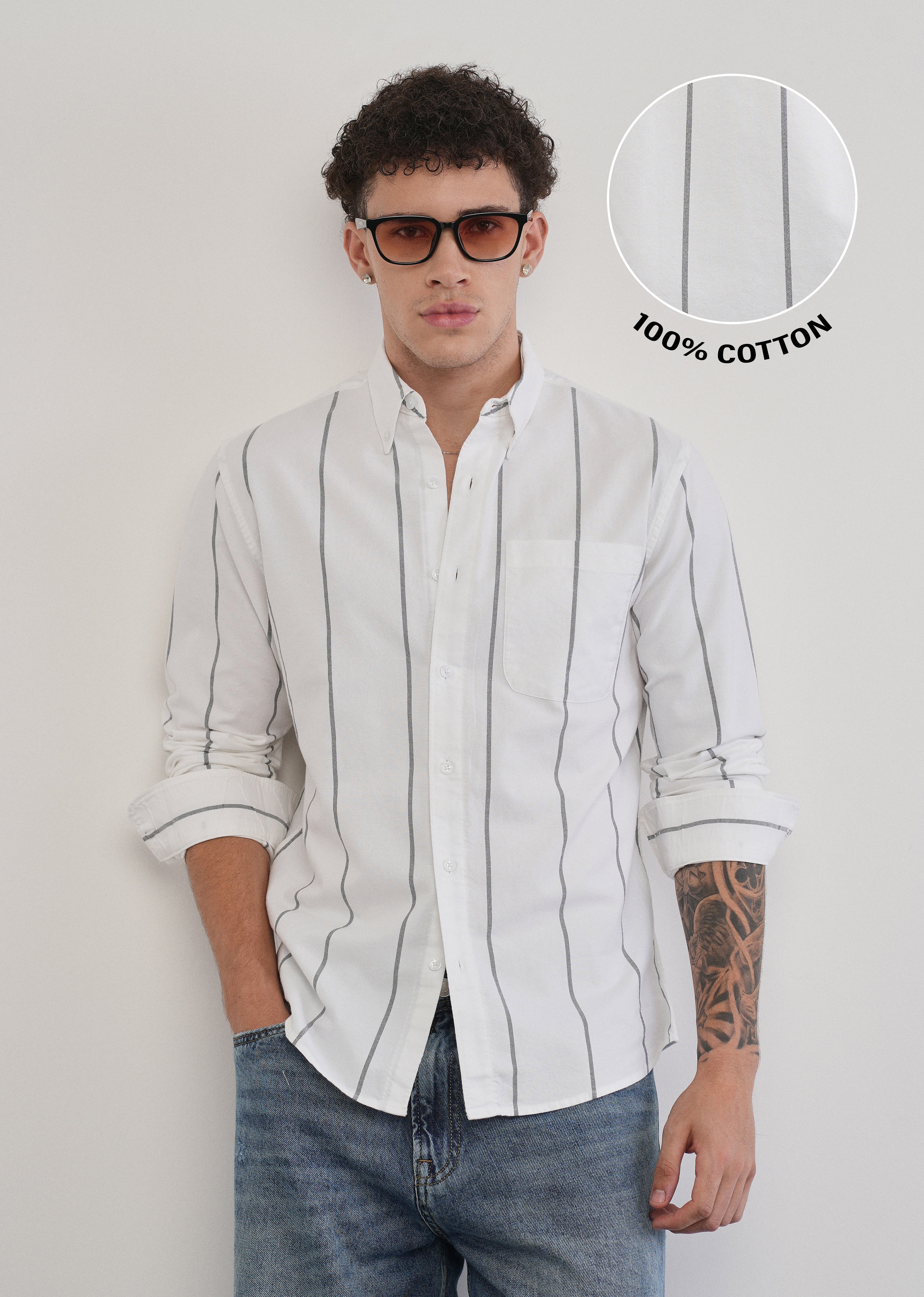 Vertical Stripe White Cotton Shirt