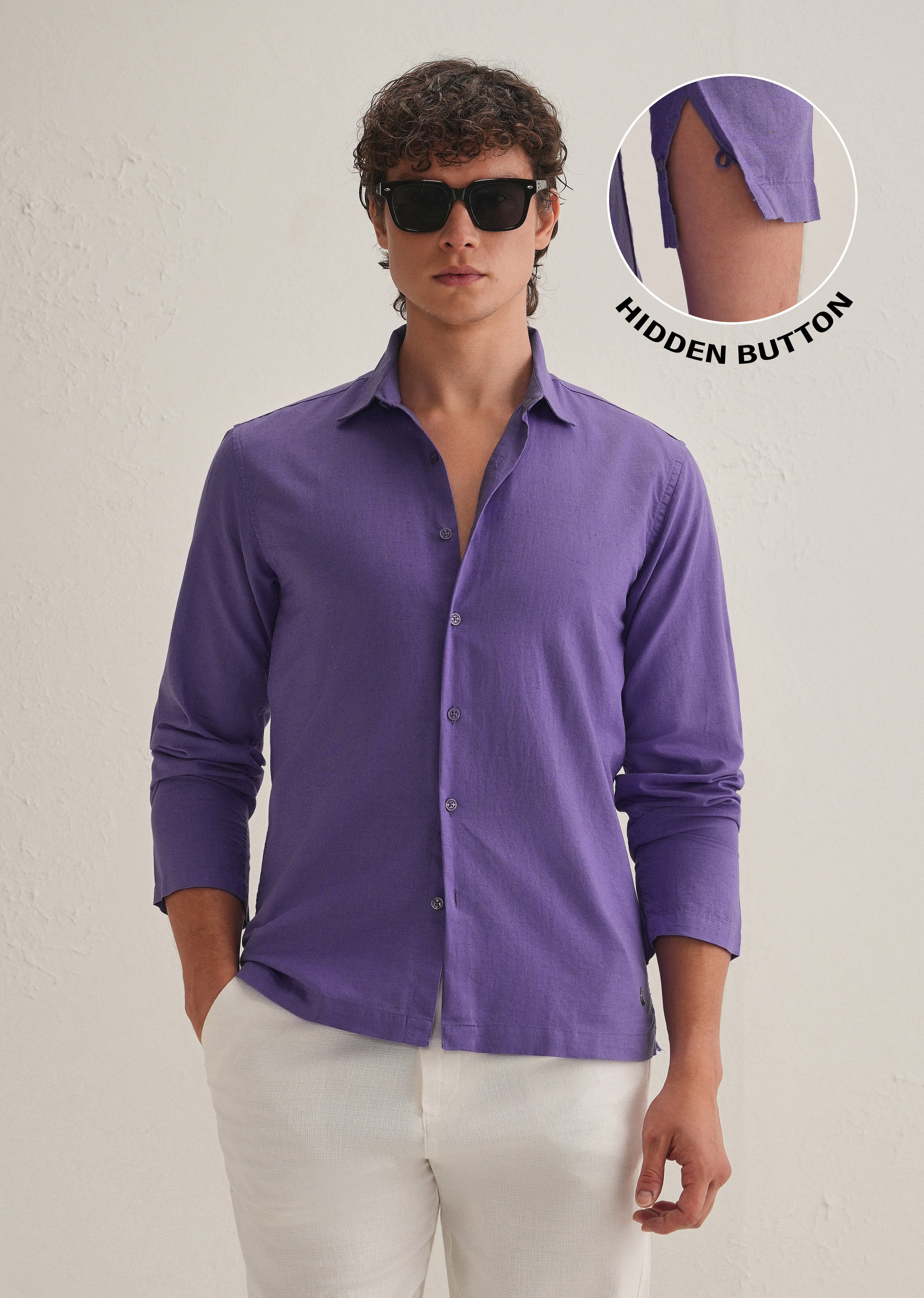 Violet Hidden Sleeve Placket Cotton Linen Shirt