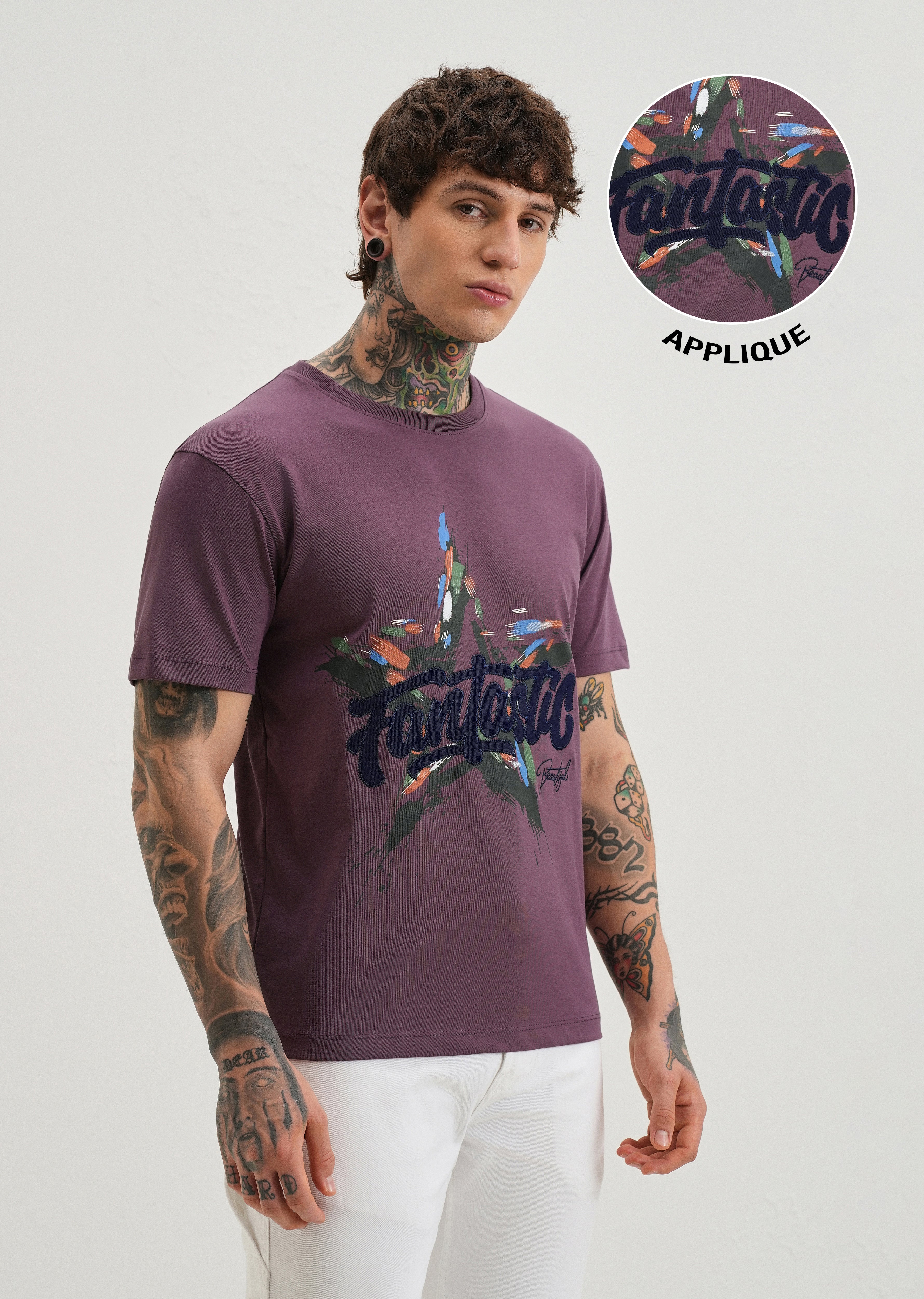 Violet Graphic Print Applique T-shirt