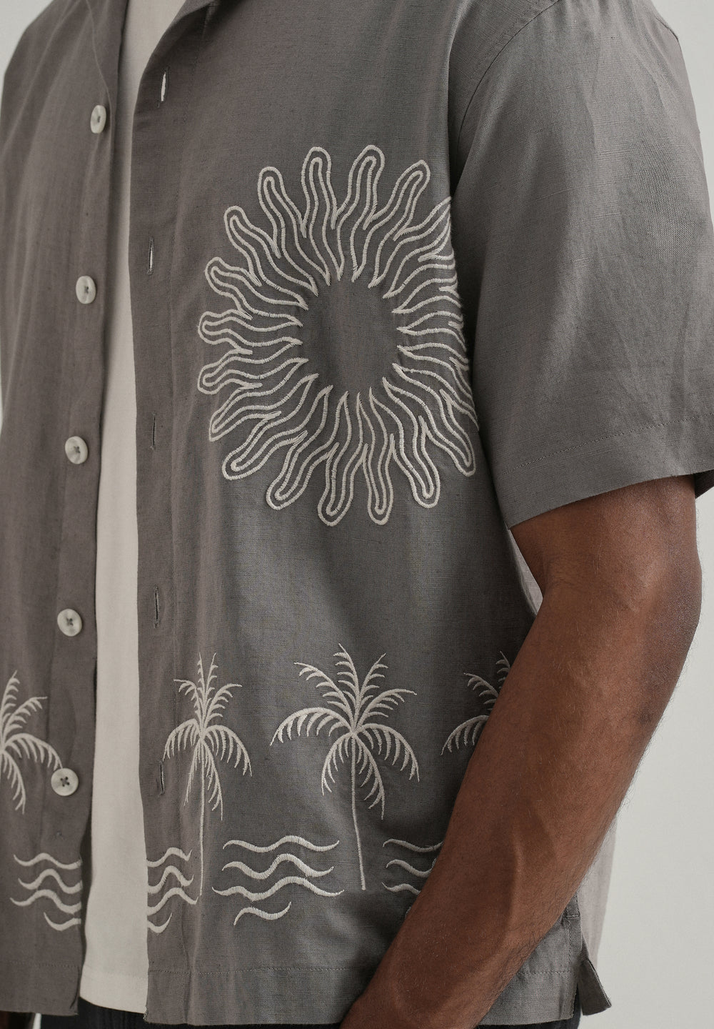 Warm Grey Embroidery Cuban Collar Shirt