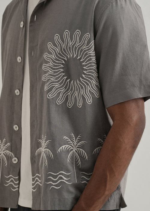 Warm Grey Embroidery Cuban Collar Shirt