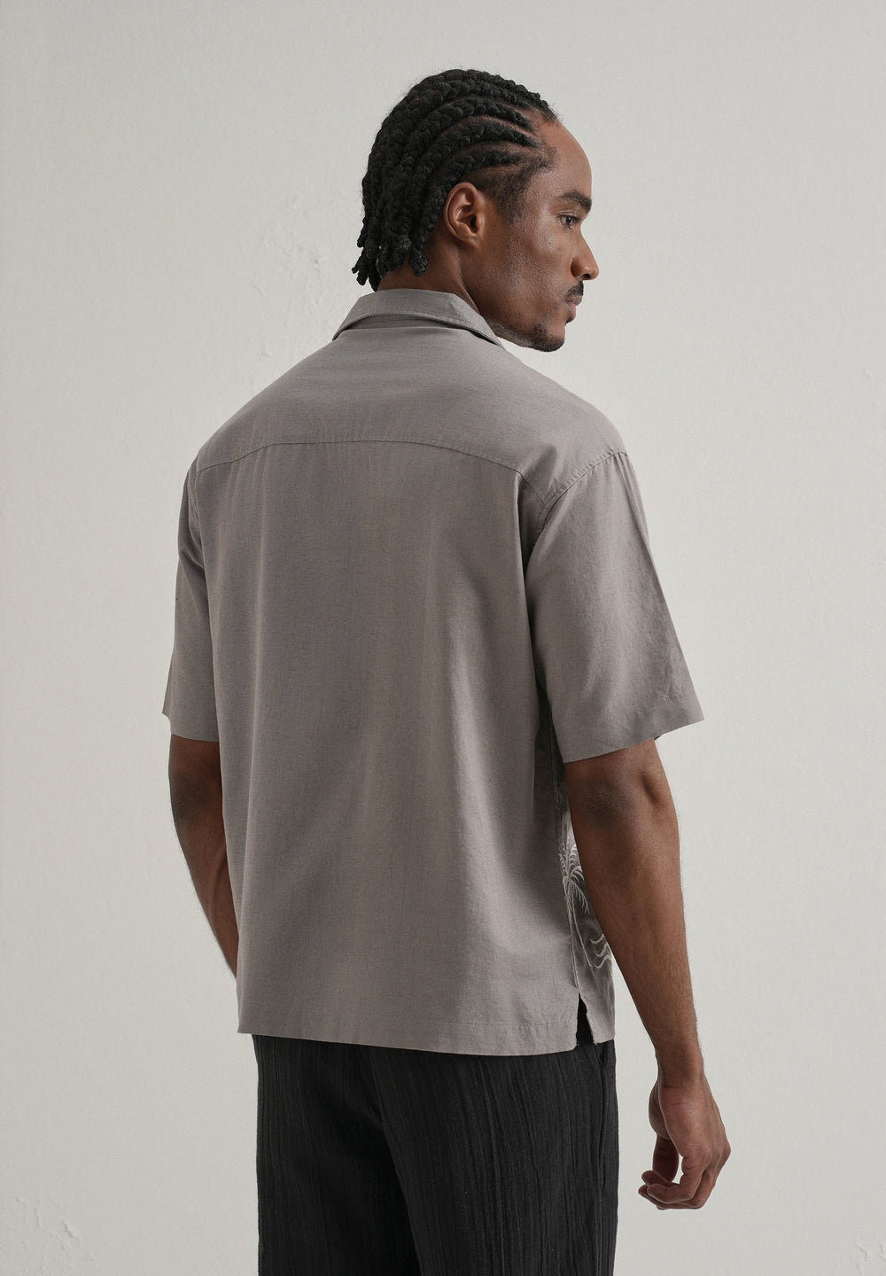 Warm Grey Embroidery Cuban Collar Shirt