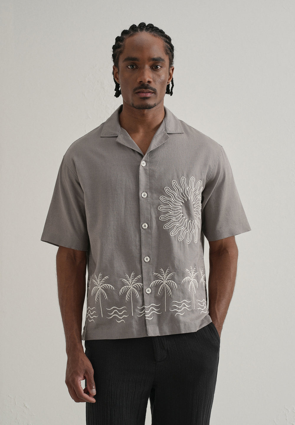 Warm Grey Embroidery Cuban Collar Shirt