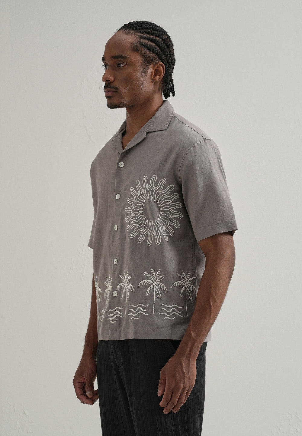 Warm Grey Embroidery Cuban Collar Shirt