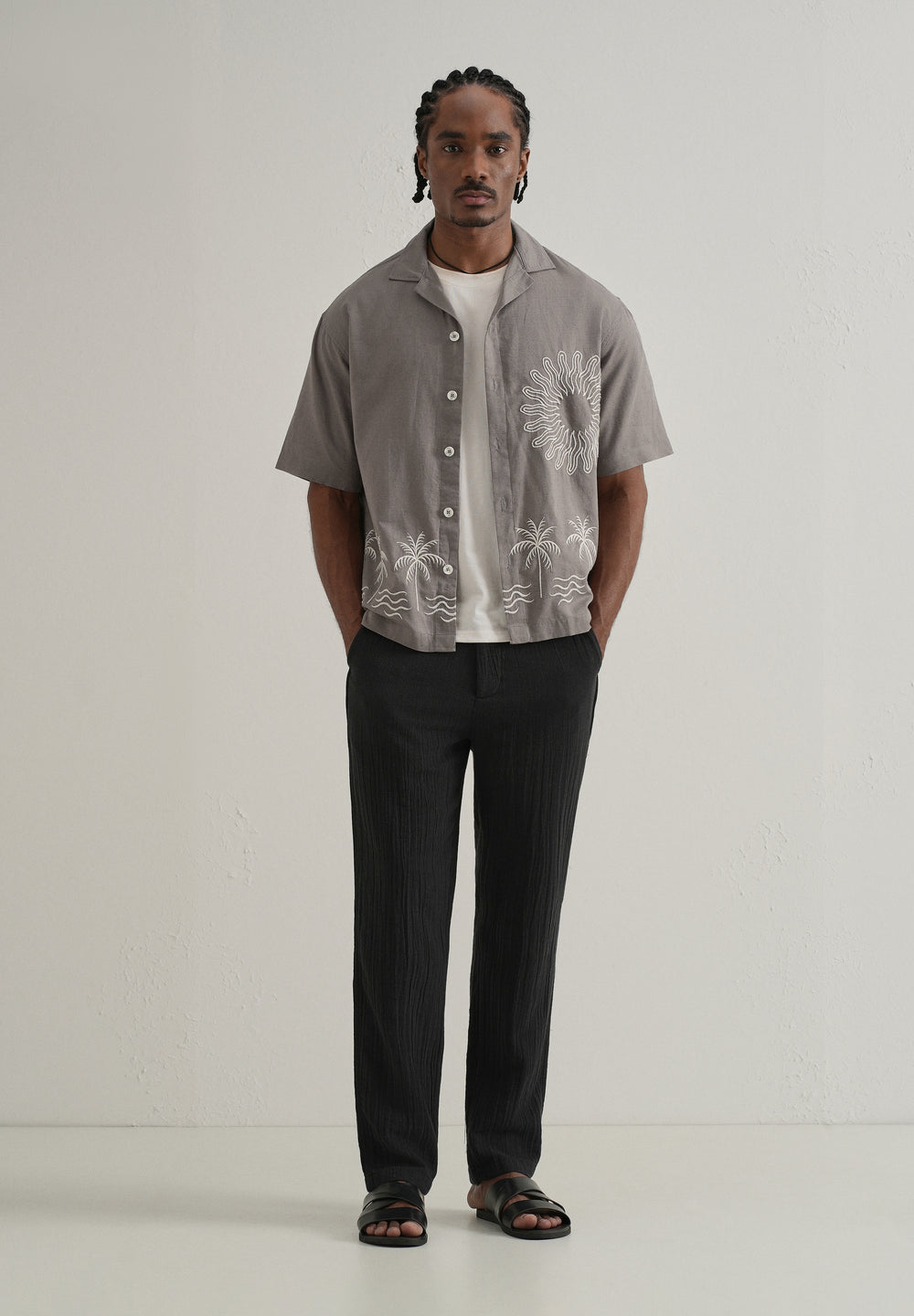 Warm Grey Embroidery Cuban Collar Shirt