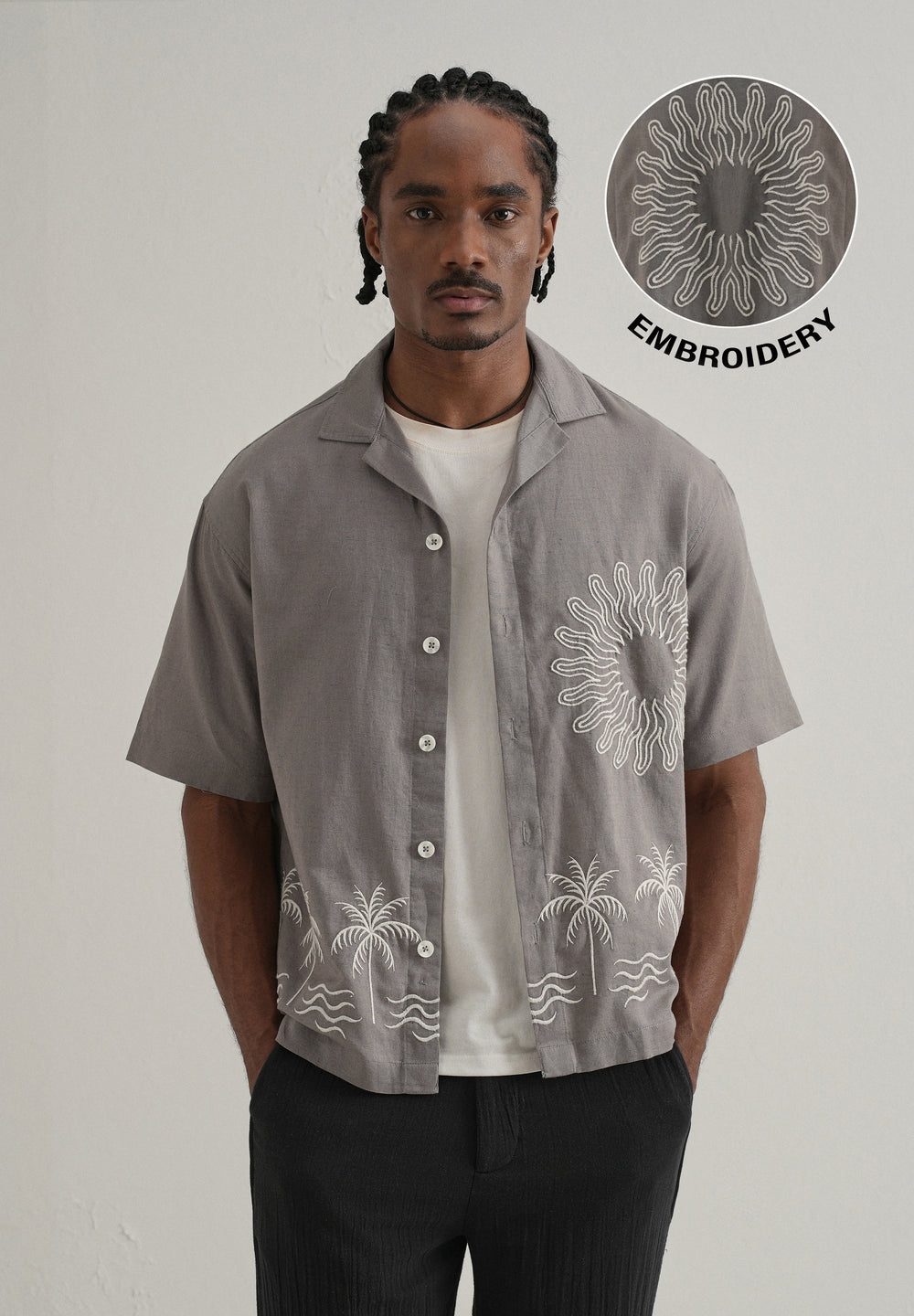 Warm Grey Embroidery Cuban Collar Shirt