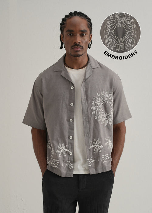 Warm Grey Embroidery Cuban Collar Shirt