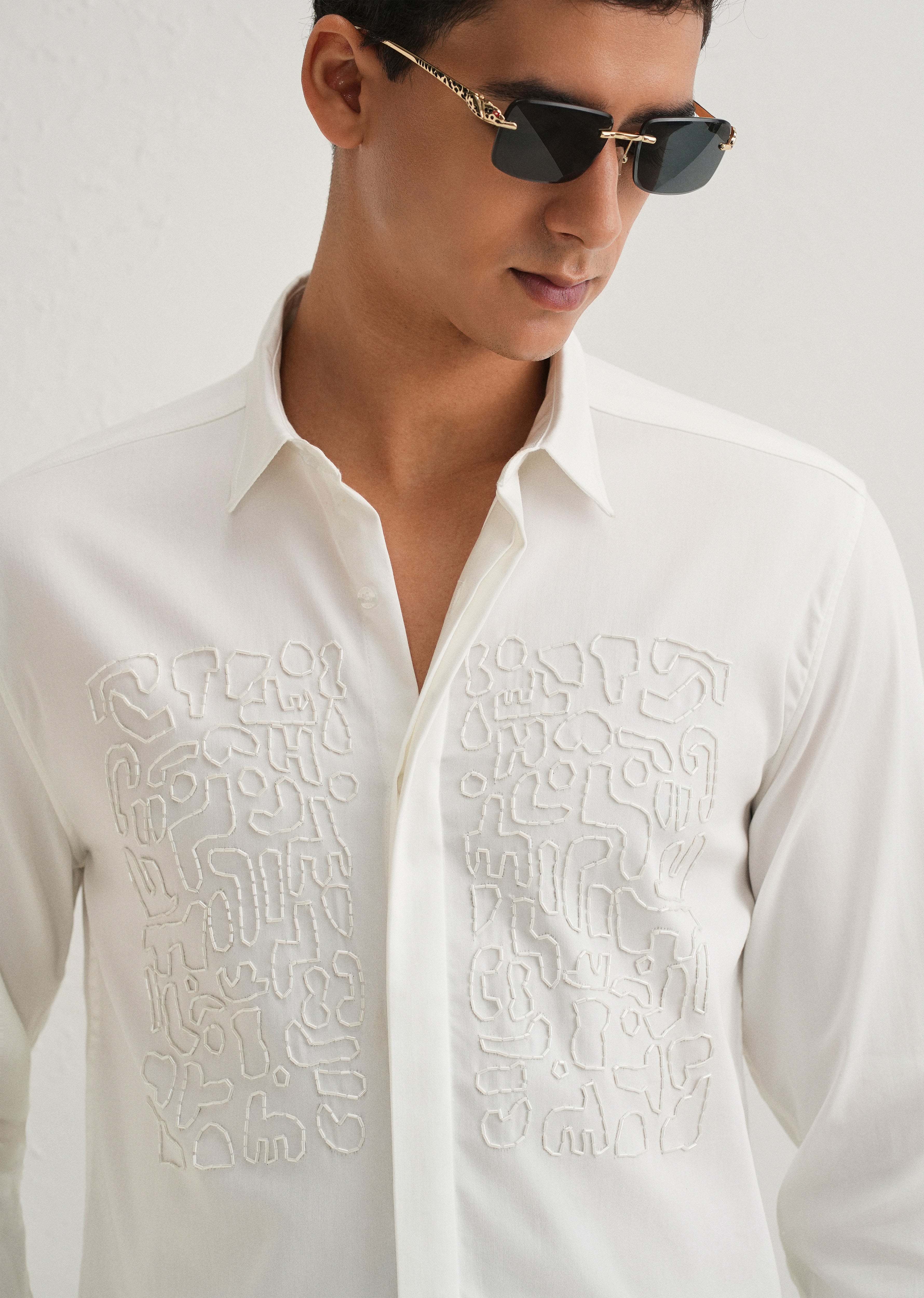 White Abstract Embellished Designer Shirt