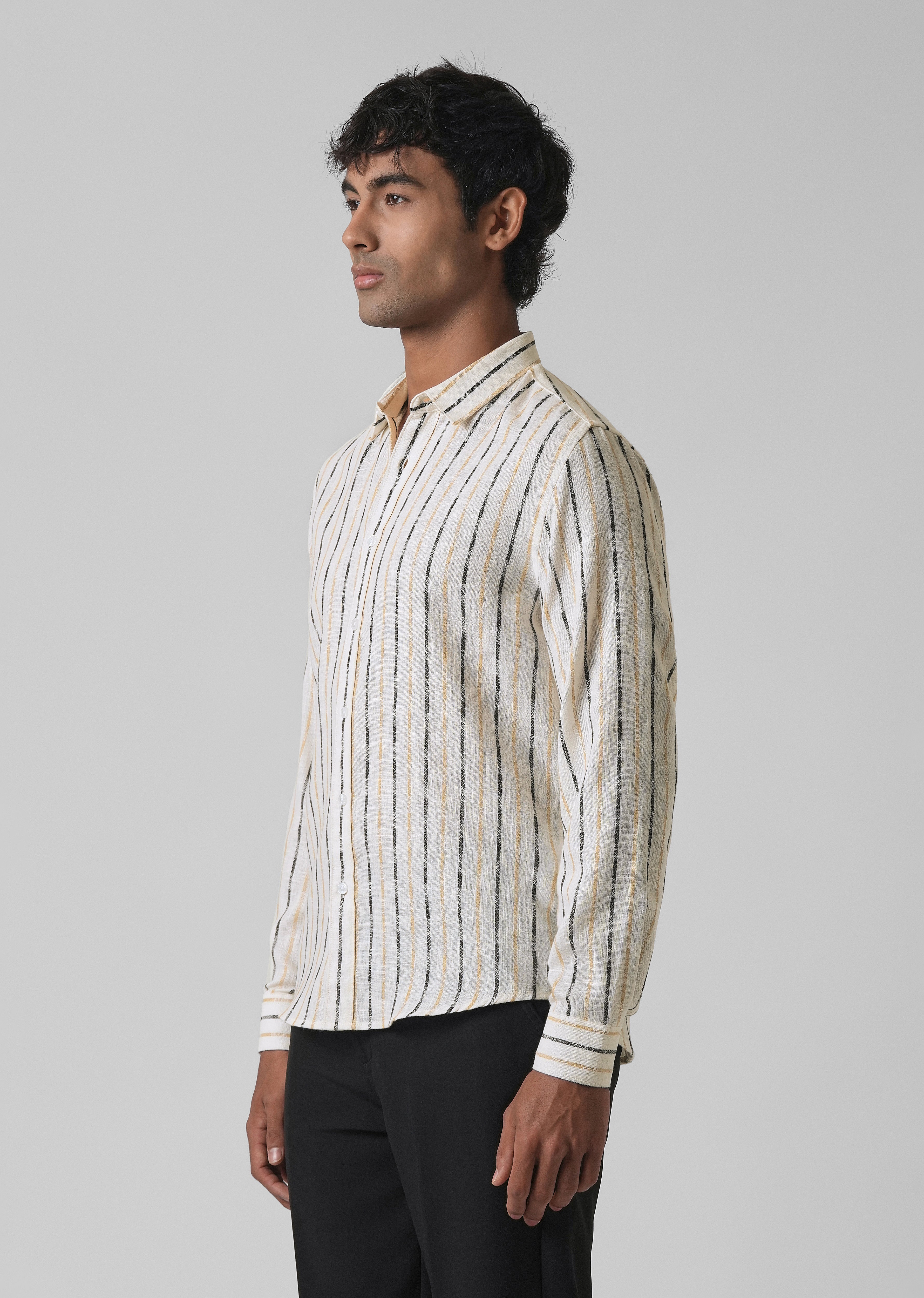 White Beige Blended Cotton Striped Shirt