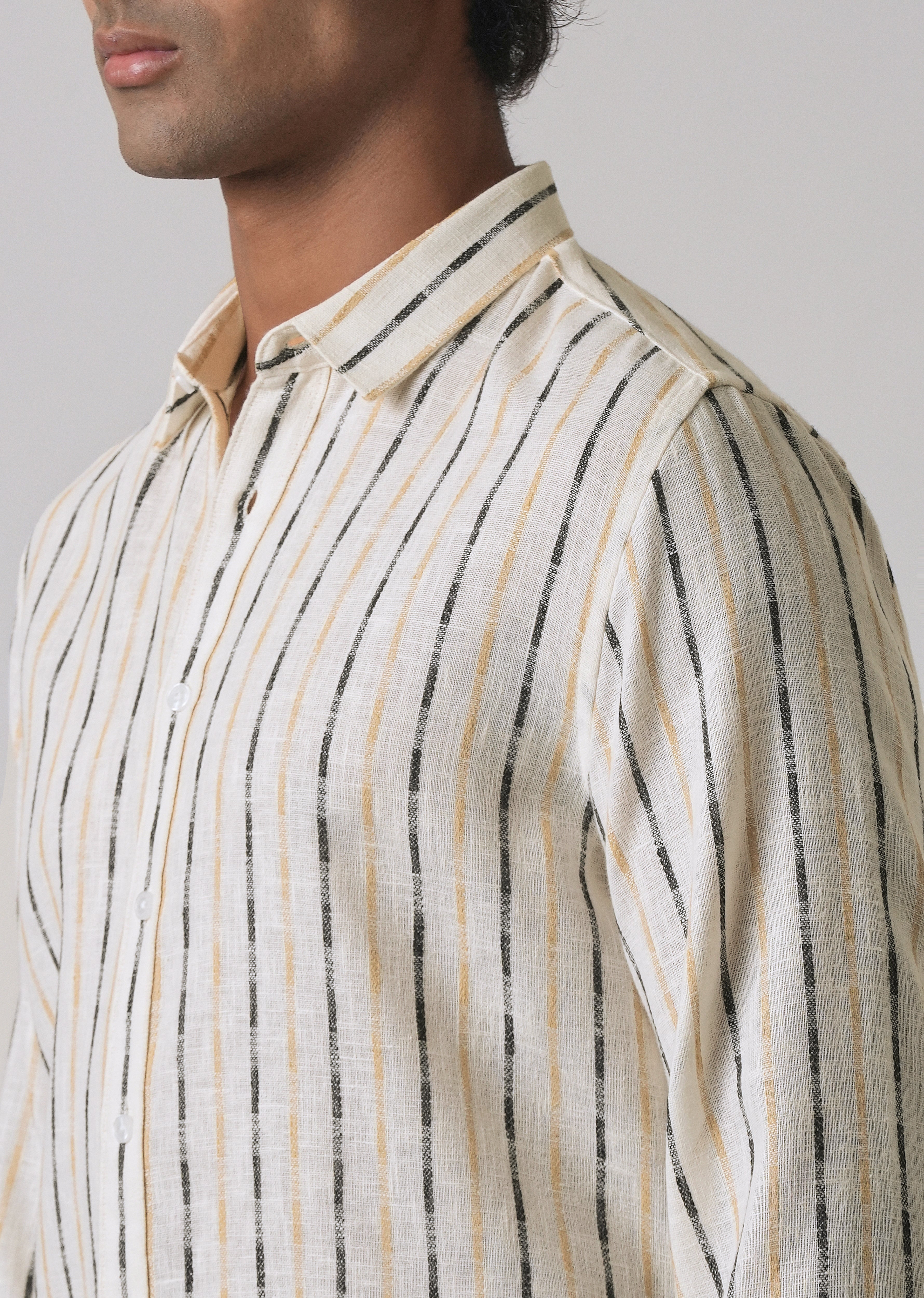 White Beige Blended Cotton Striped Shirt