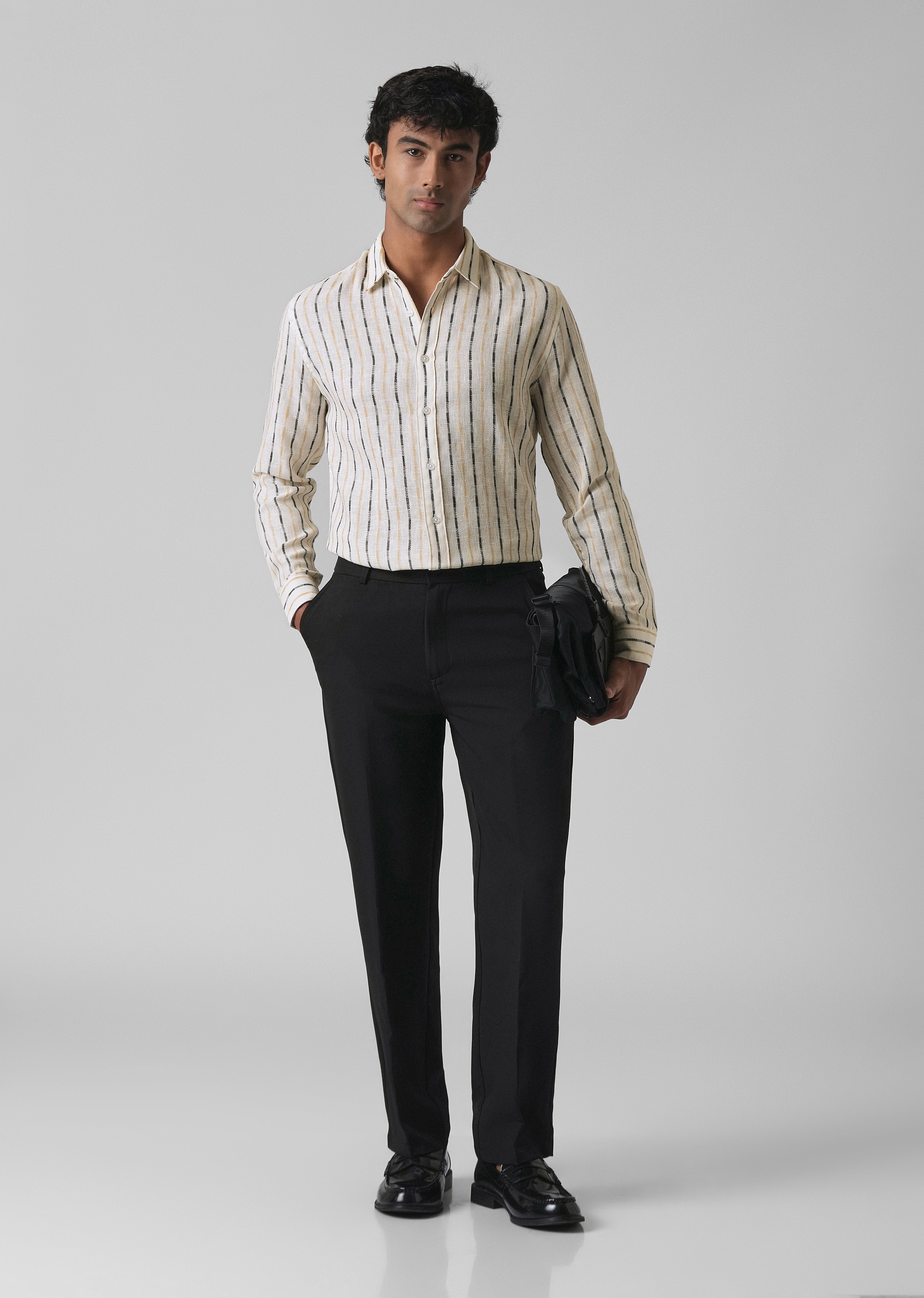 White Beige Blended Cotton Striped Shirt