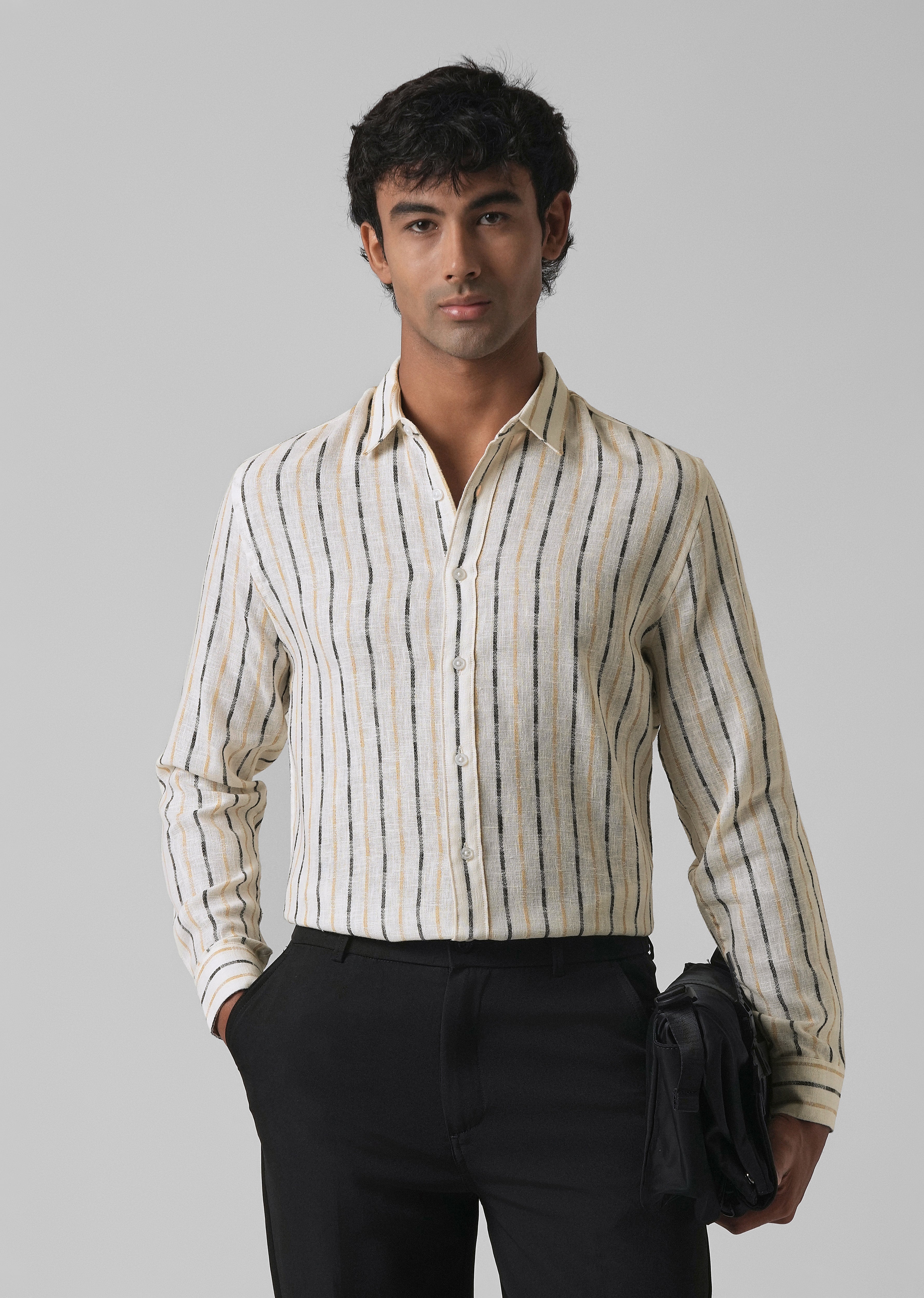 White Beige Blended Cotton Striped Shirt