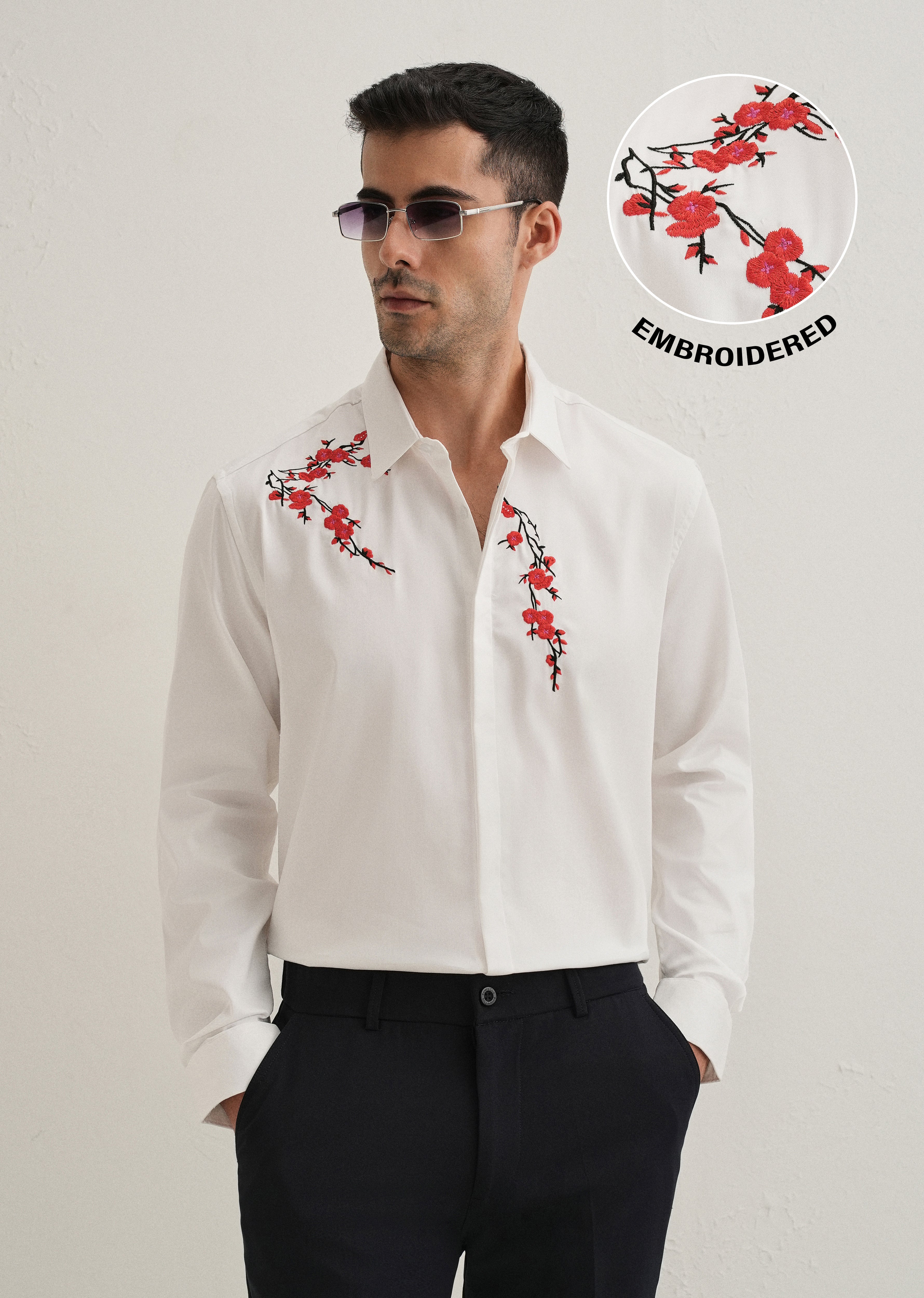 White Blossom Embroidered Designer Shirt