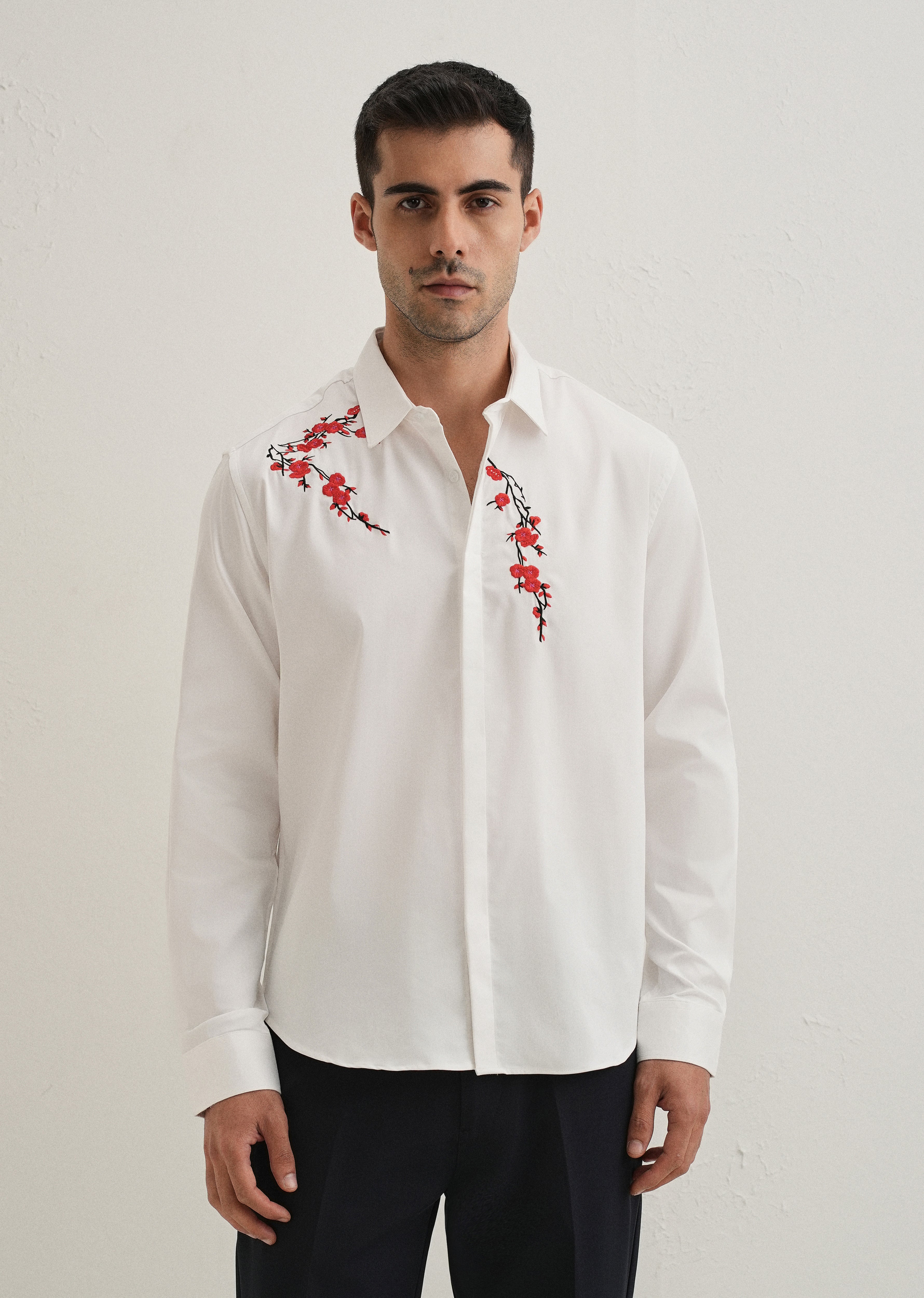 White Blossom Embroidered Designer Shirt
