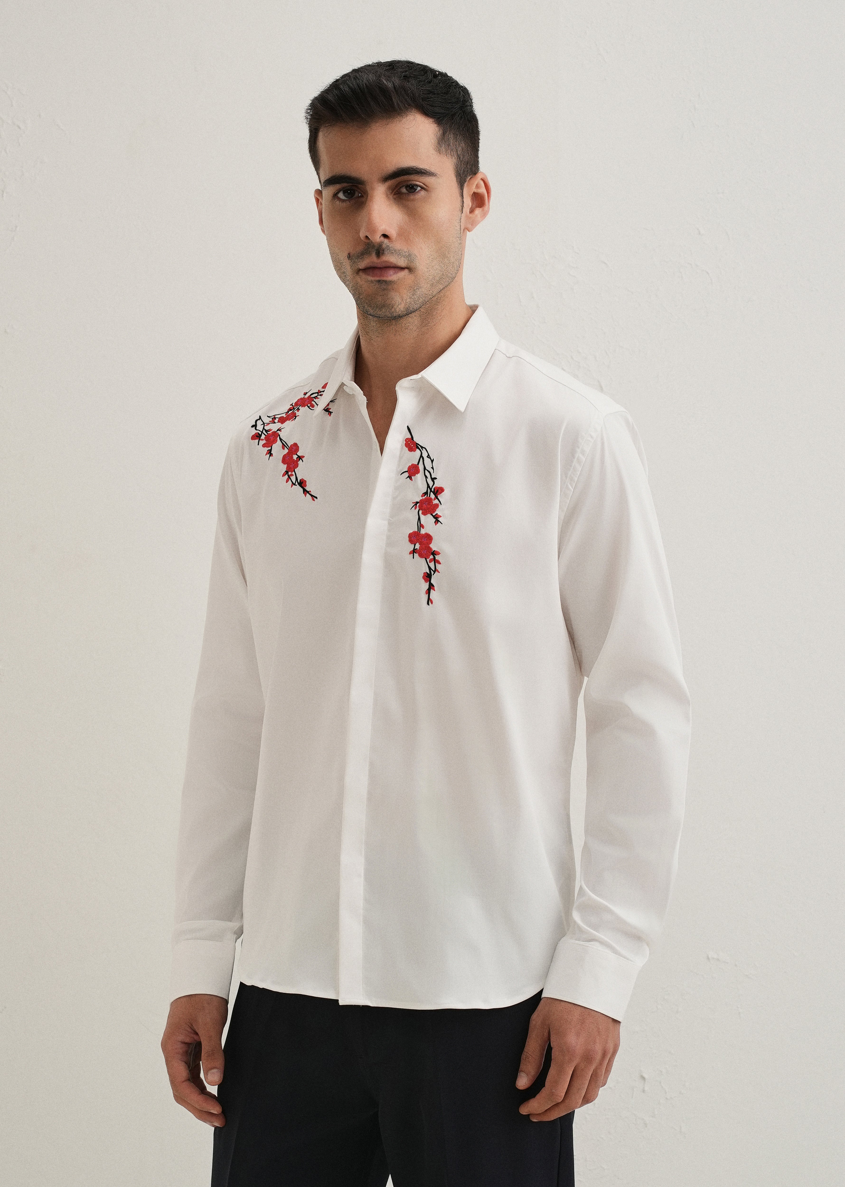 White Blossom Embroidered Designer Shirt