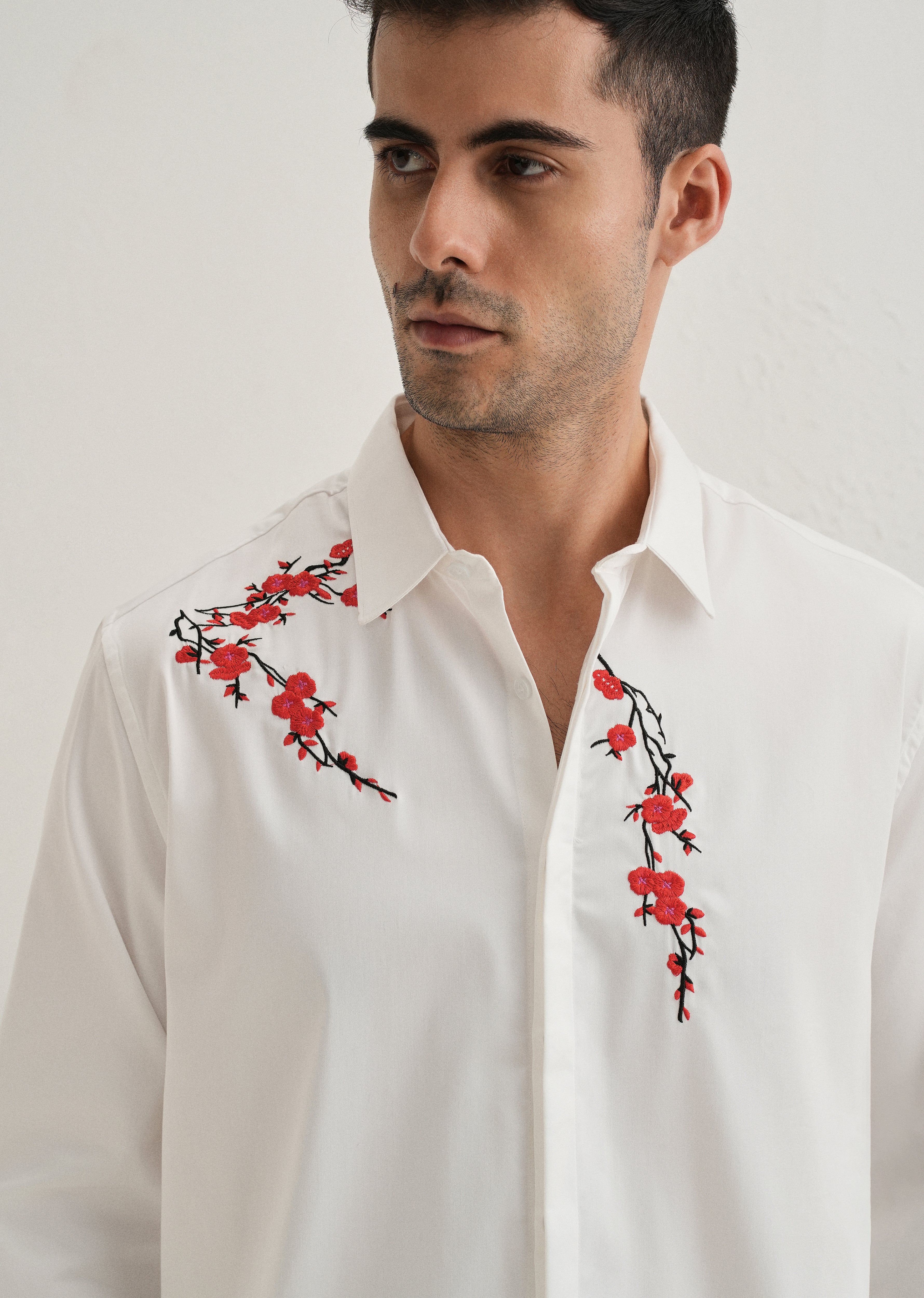 White Blossom Embroidered Designer Shirt