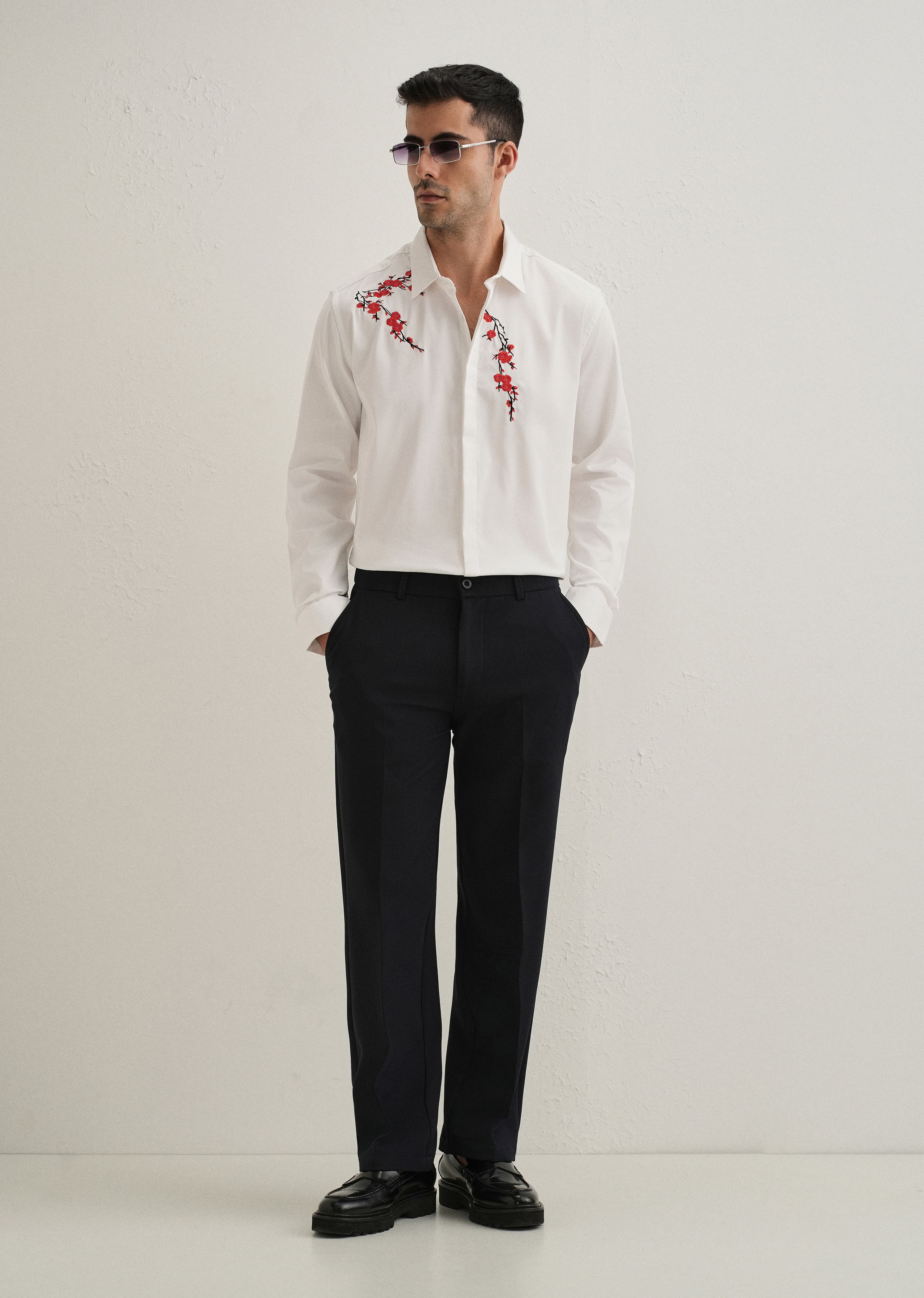 White Blossom Embroidered Designer Shirt