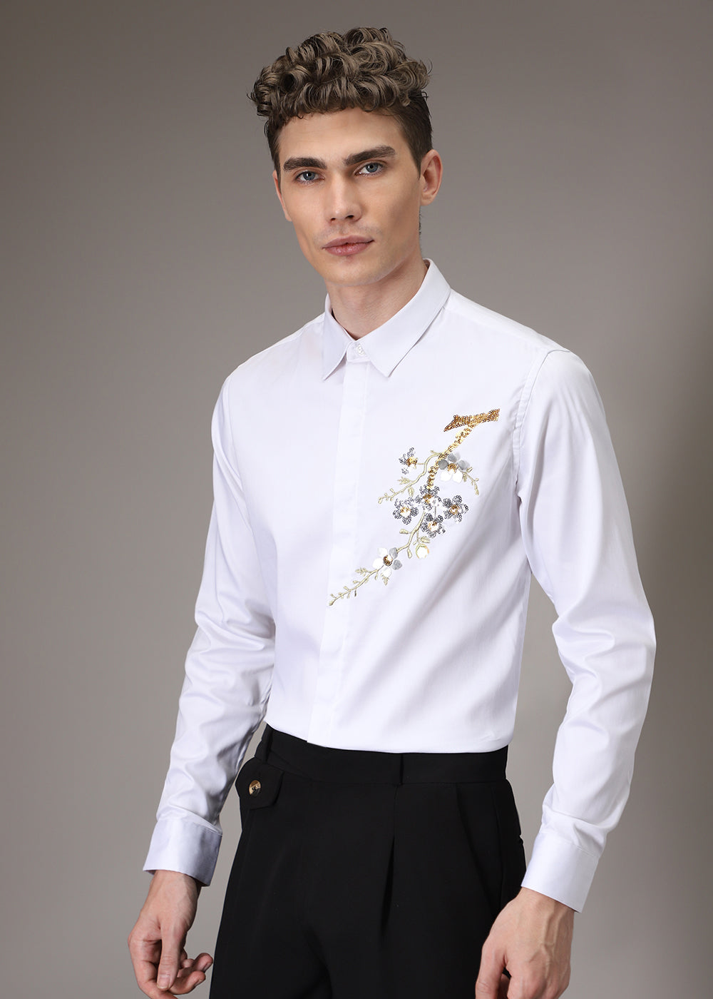 White Blossom Sequenced Designer Shirt