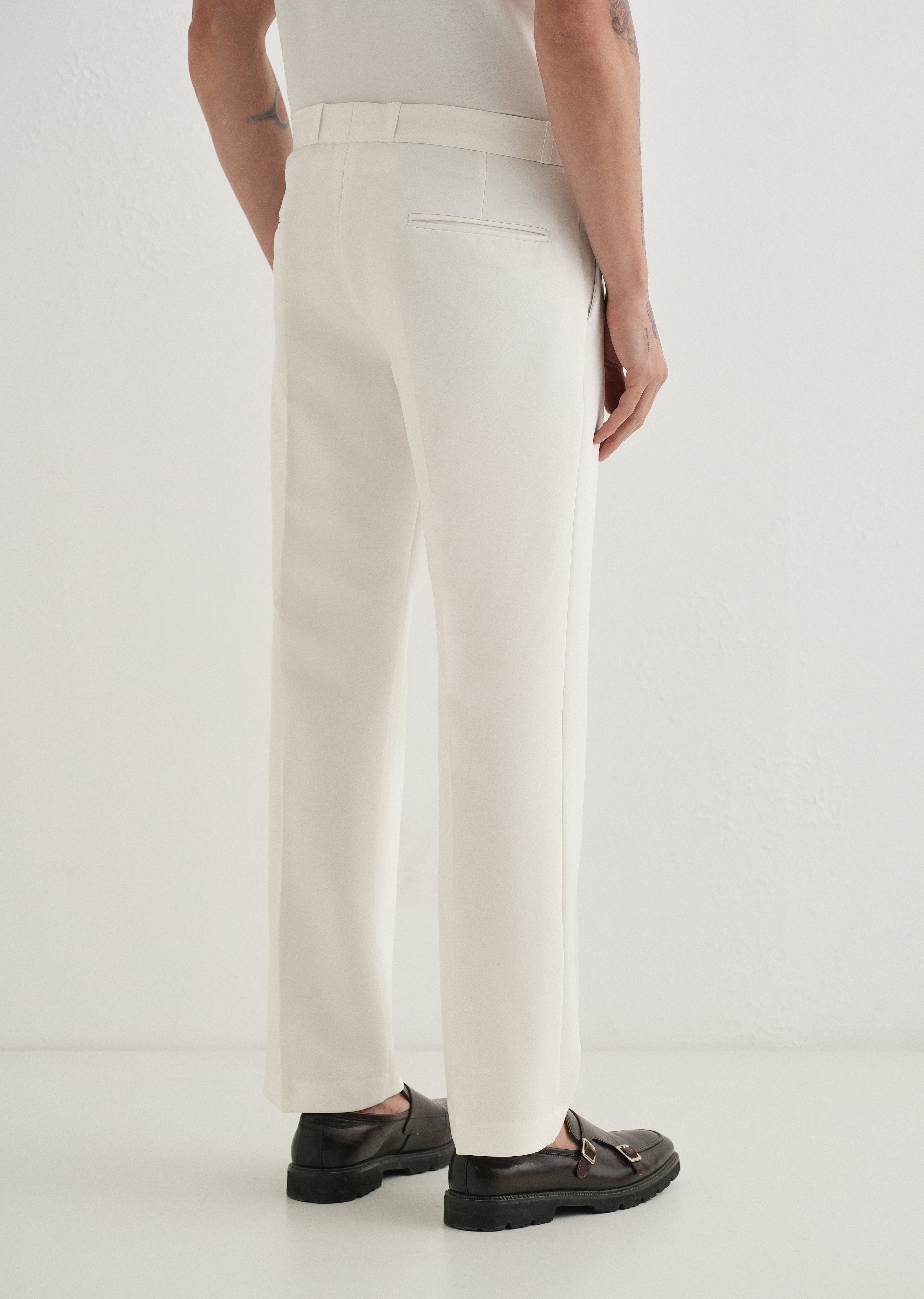 White Button-Tab Pleat Trouser