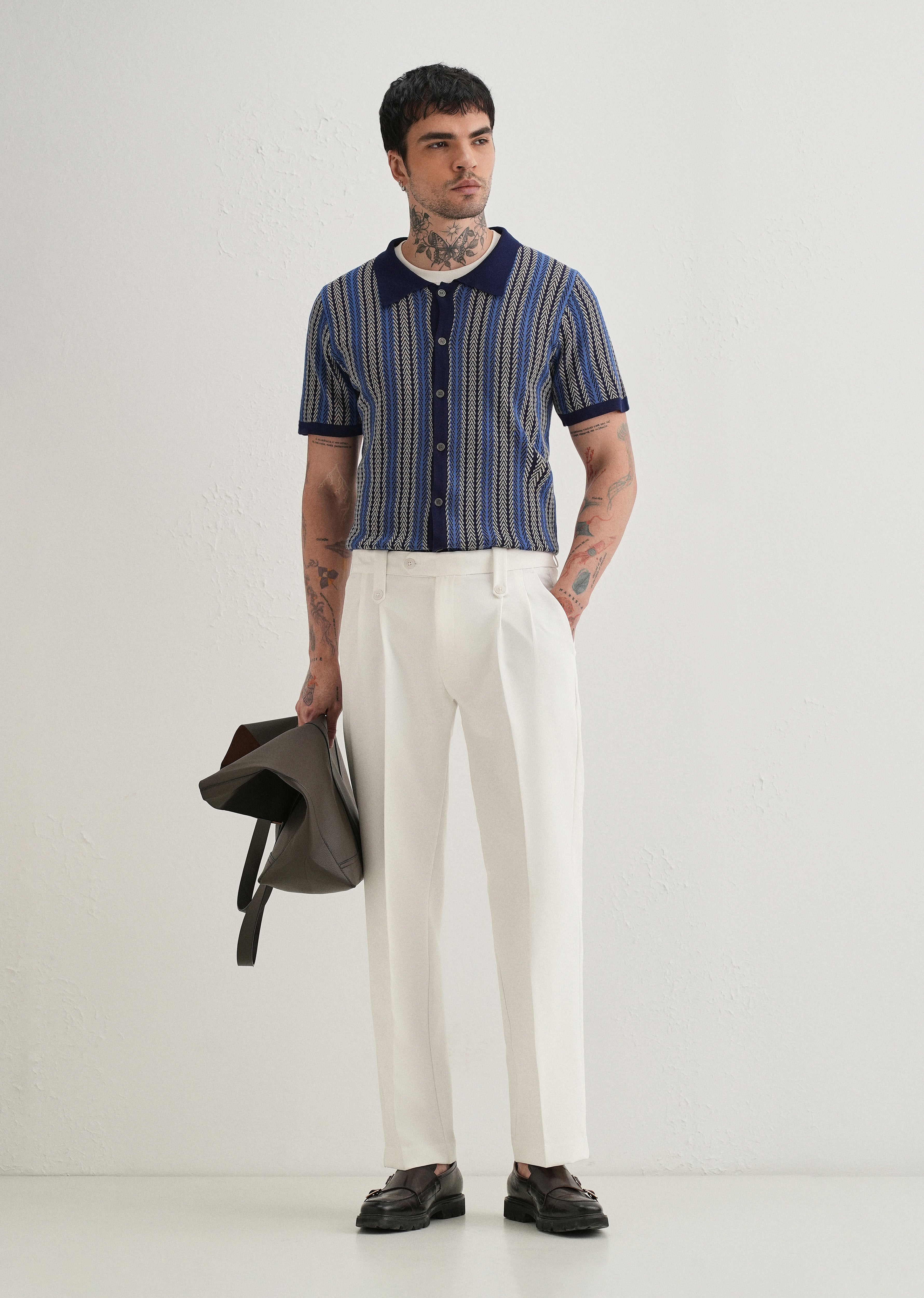 White Button-Tab Pleat Trouser